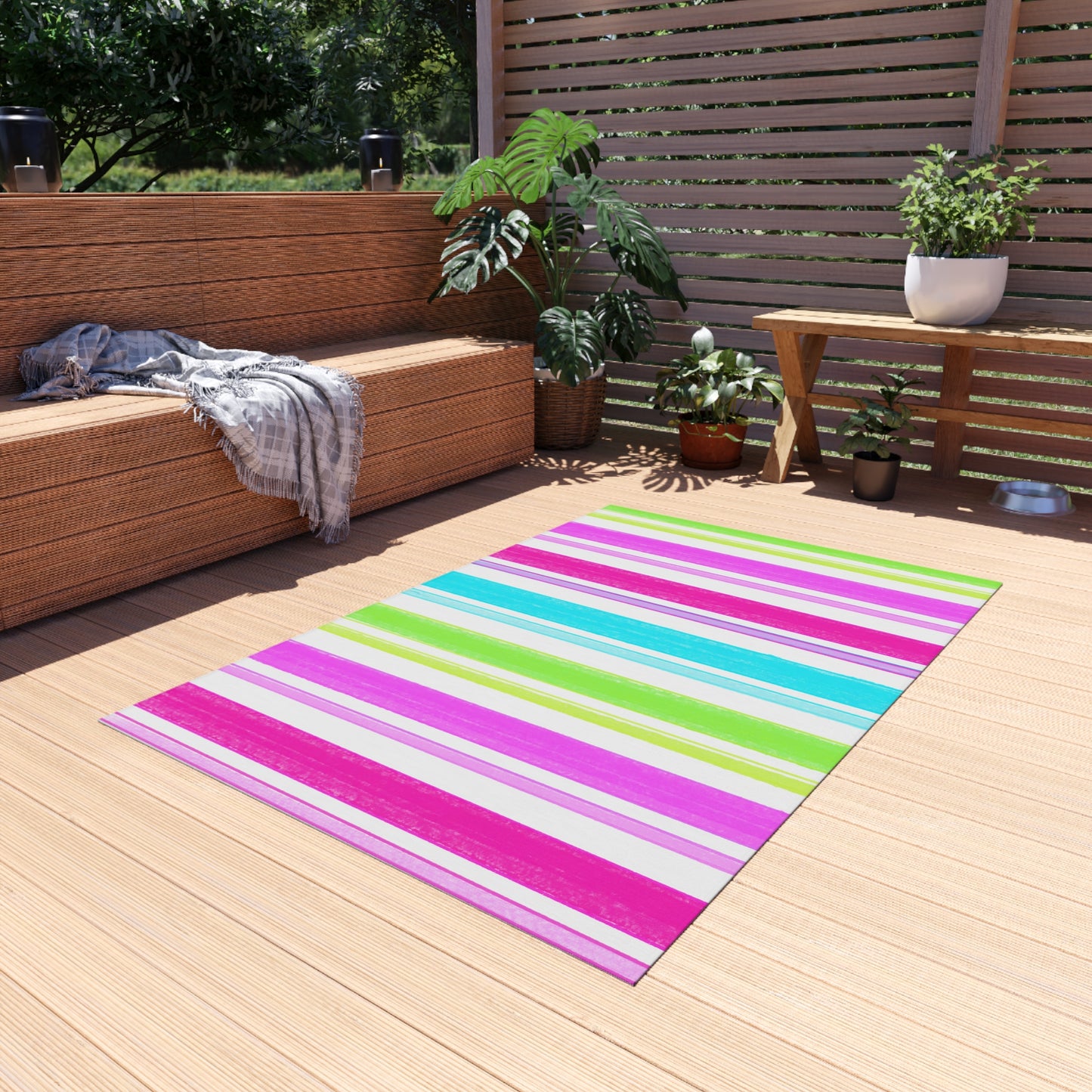 Butterfly Flutterstripe Outdoor Rug , Pinks, Greens, Aqua