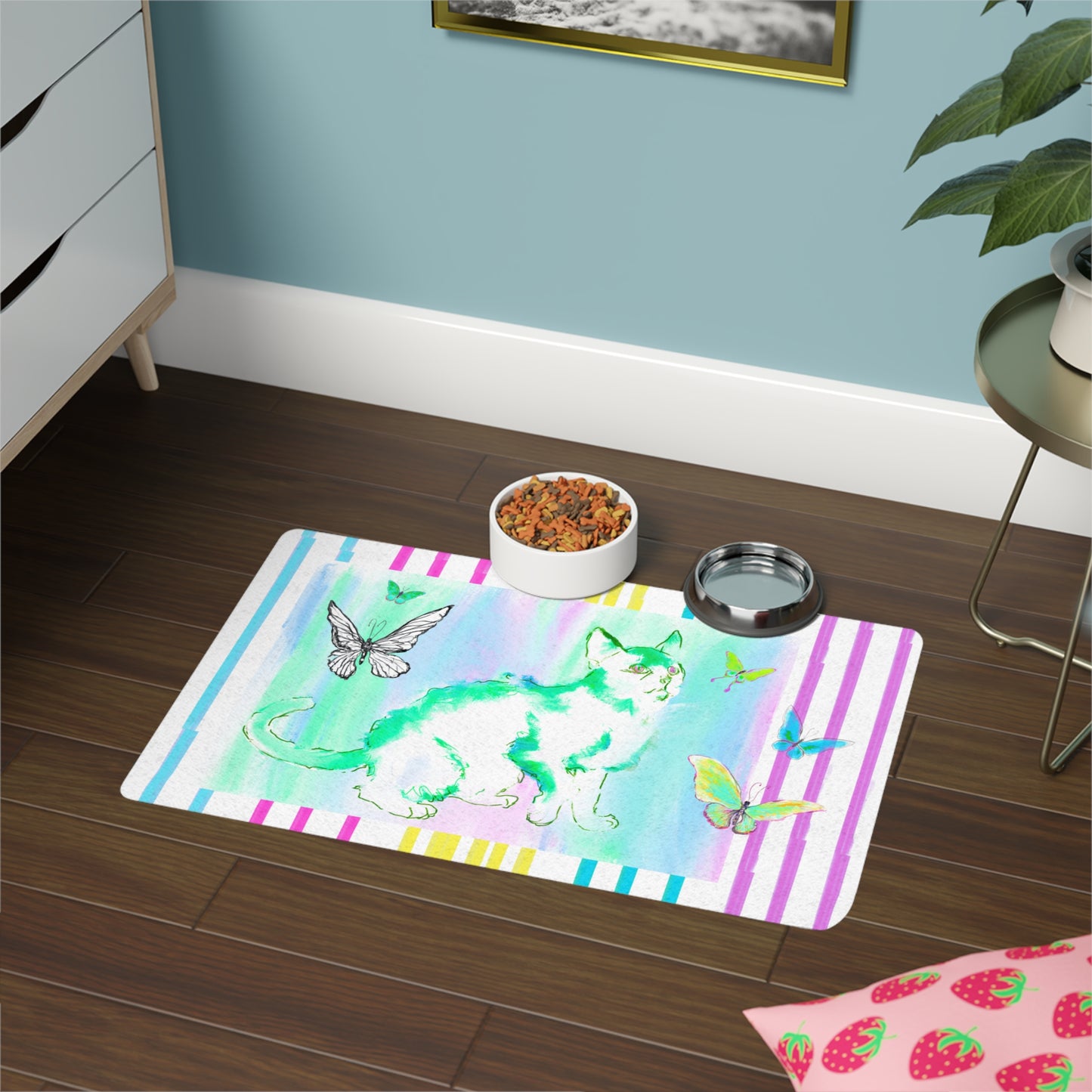 Kitty Flutter Pet Food Mat with Multi-Color Striped Border