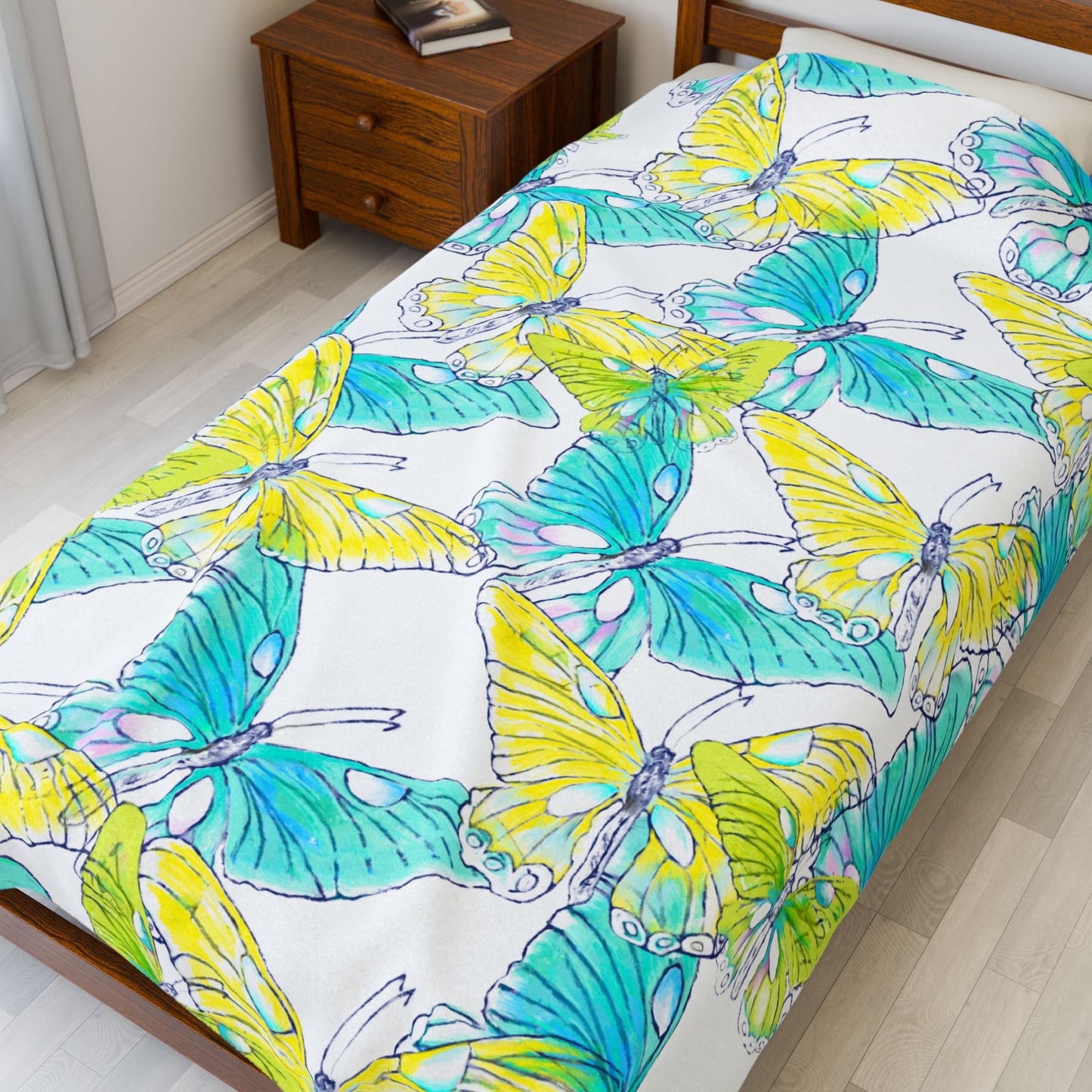 Butterfly Swing Velveteen Plush Blanket, Aqua and Yellow. 50"x 60", 60"x80"