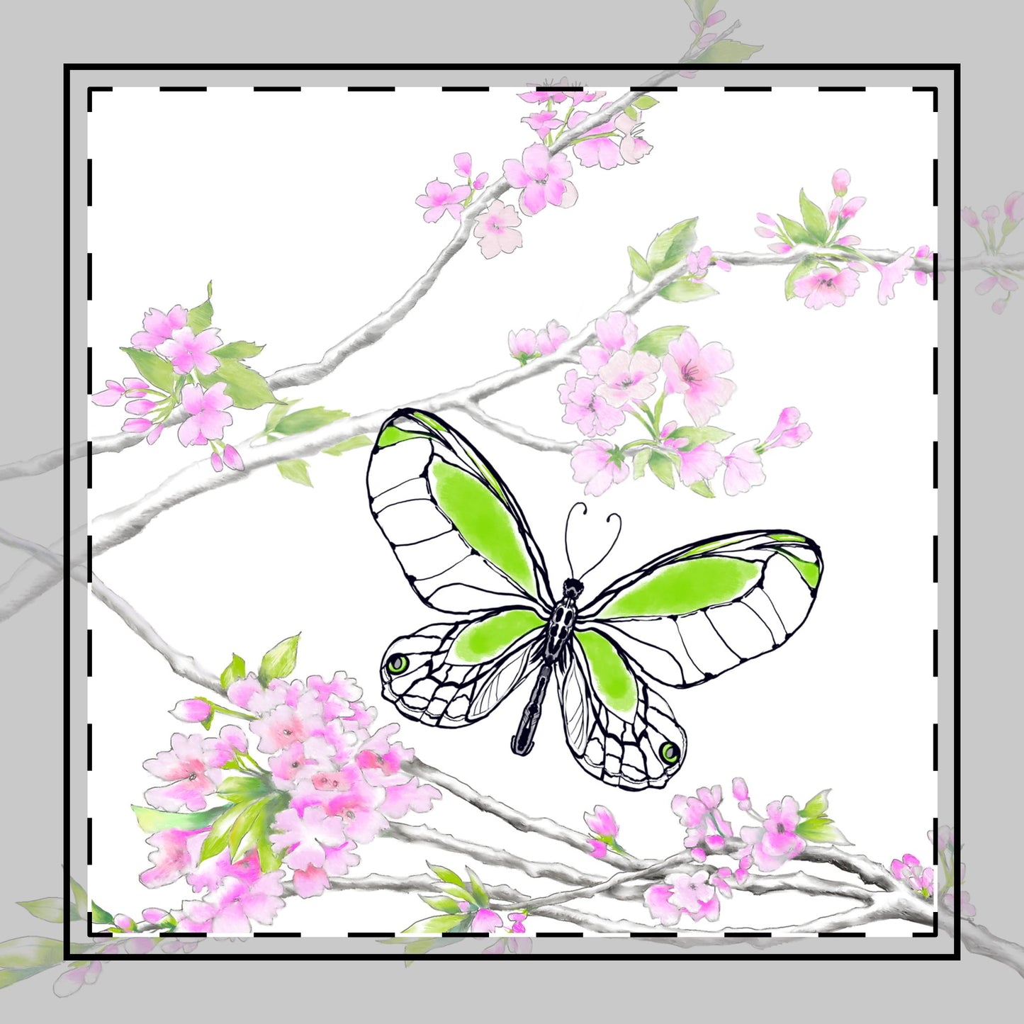 Butterfly Blossom Romp Cotton Twill Napkin , Green, Fabric Background Creamy White, #8