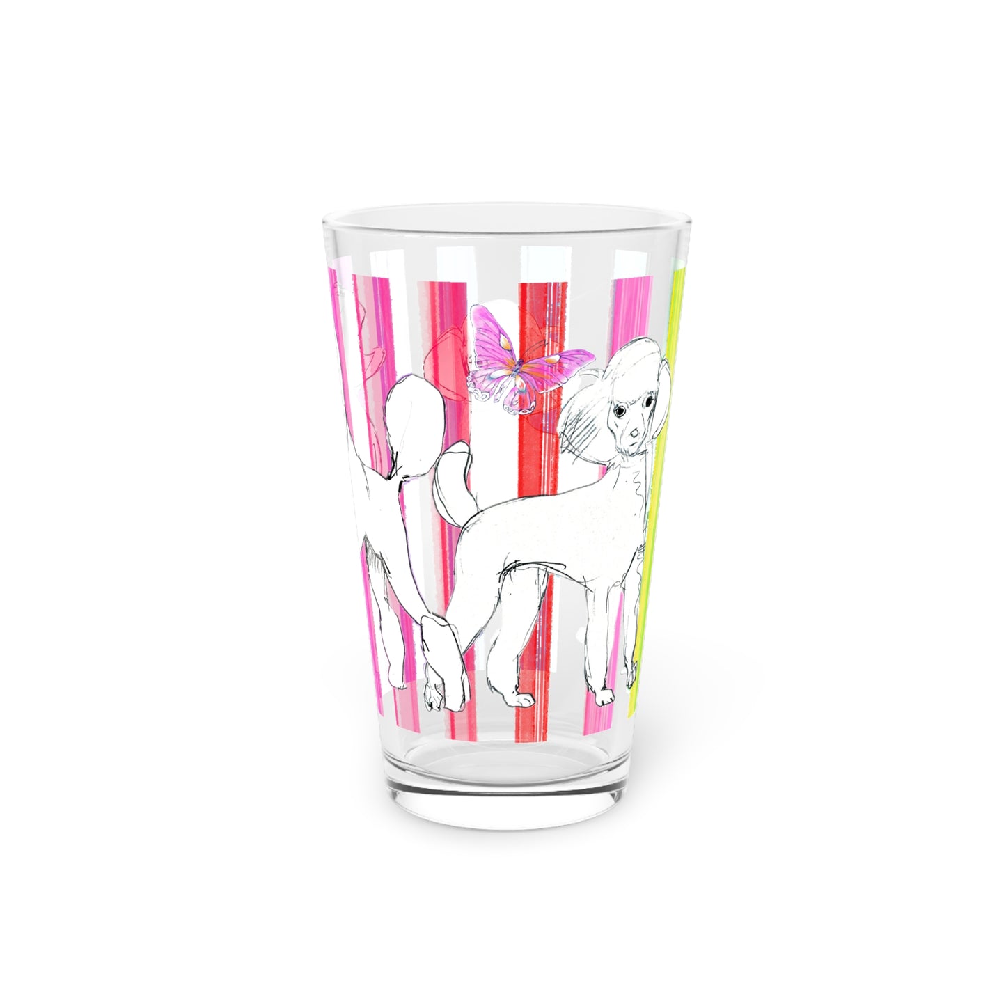 Dogi Butterfly Flutter Pint Glass (Rainbow Multicolored Stripe) 16oz. Poodle