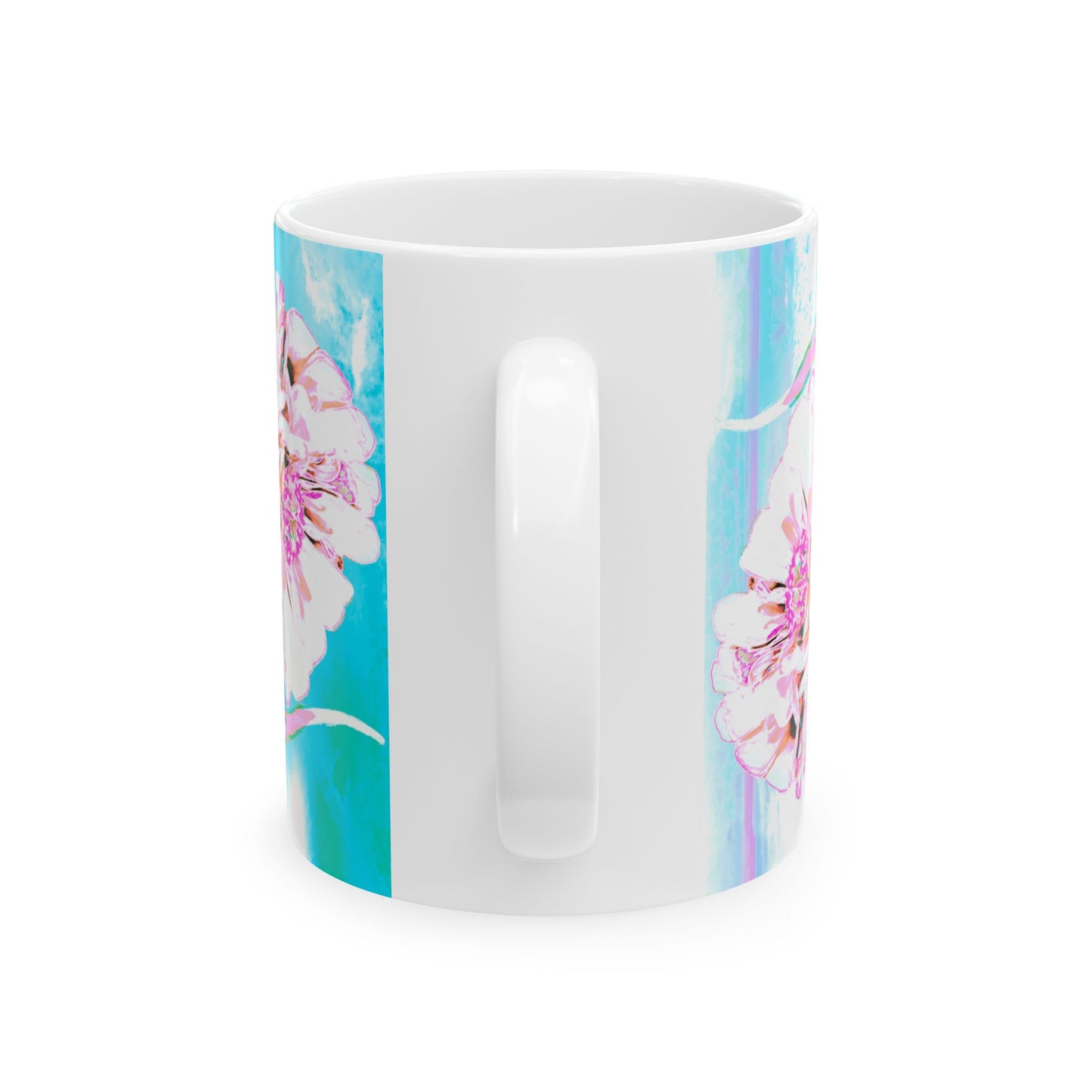 Zinnia Ceramic Mug Aqua,Raspberry "Each flower whispers of God's grace"