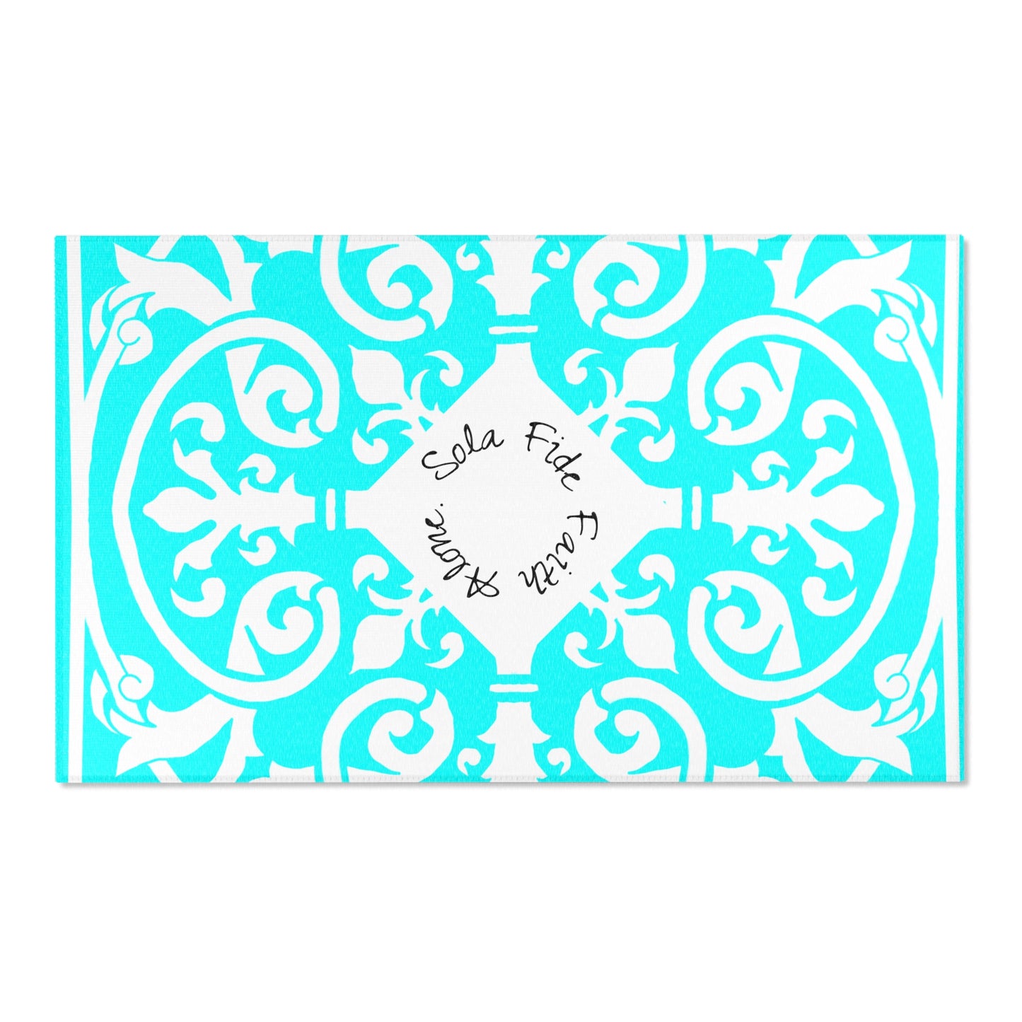Scrollwork Indoor/Outdoor Rug Aqua "Sola Fide..."