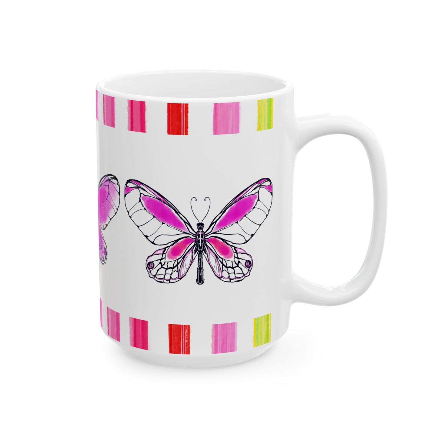 Butterfly Rainbow Stripe Ceramic Mug in Raspberry Pink with Multi-color Striped Border, (Available in 2 sizes 11oz and 15oz)