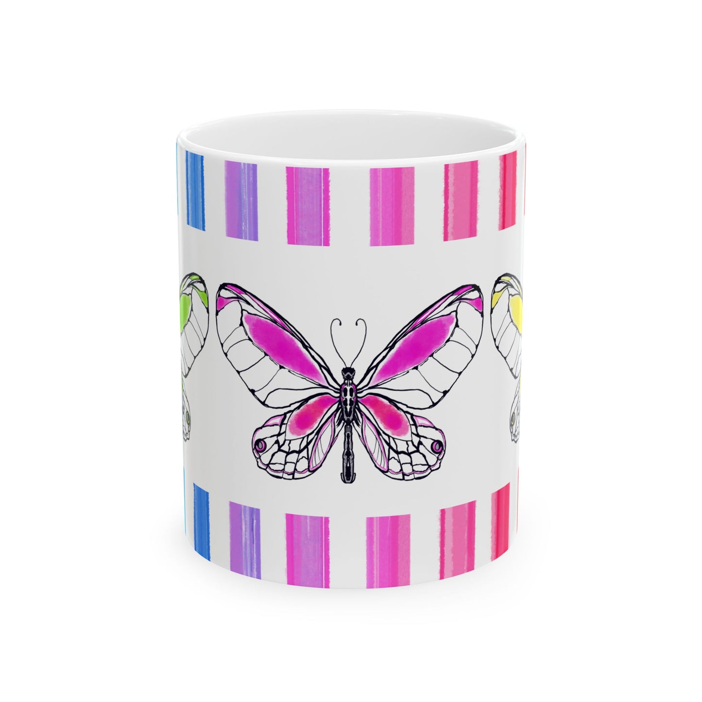 Butterfly Rainbow Stripe Ceramic Mug in Pink, Yellow, and Green with Multi-color Striped Border, (Available in 2 sizes 11oz and 15oz)