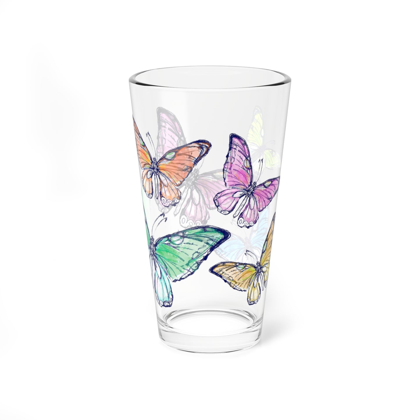 Blossom Whirl  Pint Glass 16oz, Largest Butterfly is Blue green