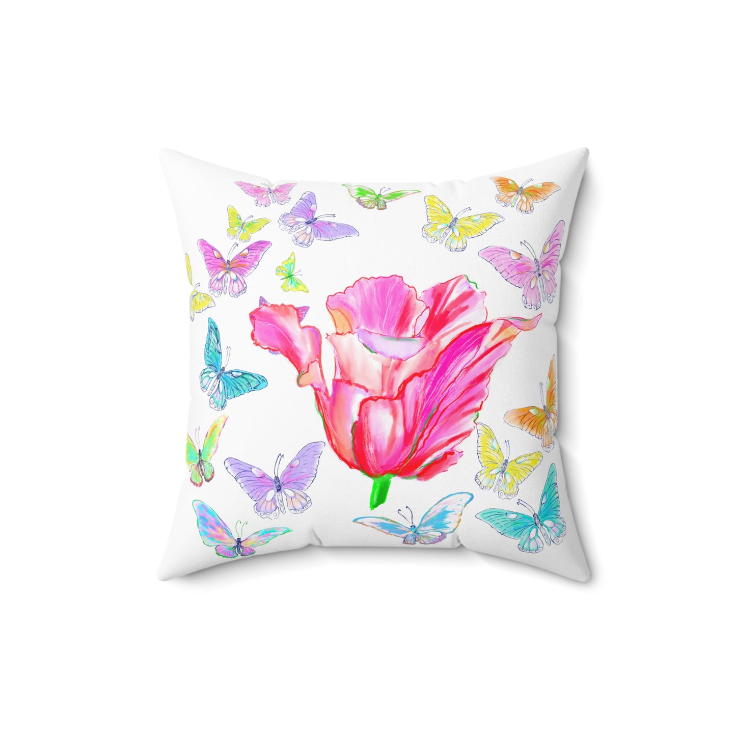 Dancing Tulips Butterflies Spun Polyester Square Pillow. Multi-Color Butterflies,  Raspberry Tulip