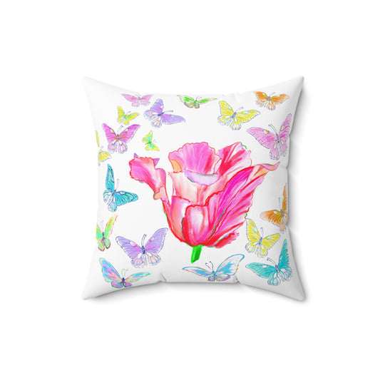 Dancing Tulips Butterflies Spun Polyester Square Pillow. Multi-Color Butterflies,  Raspberry Tulip