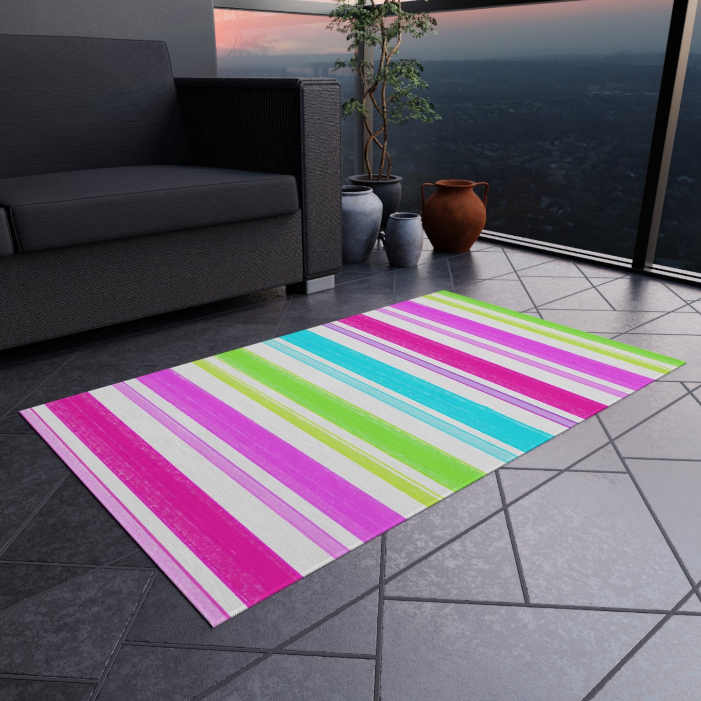 Butterfly Flutterstripe Outdoor Rug , Pinks, Greens, Aqua