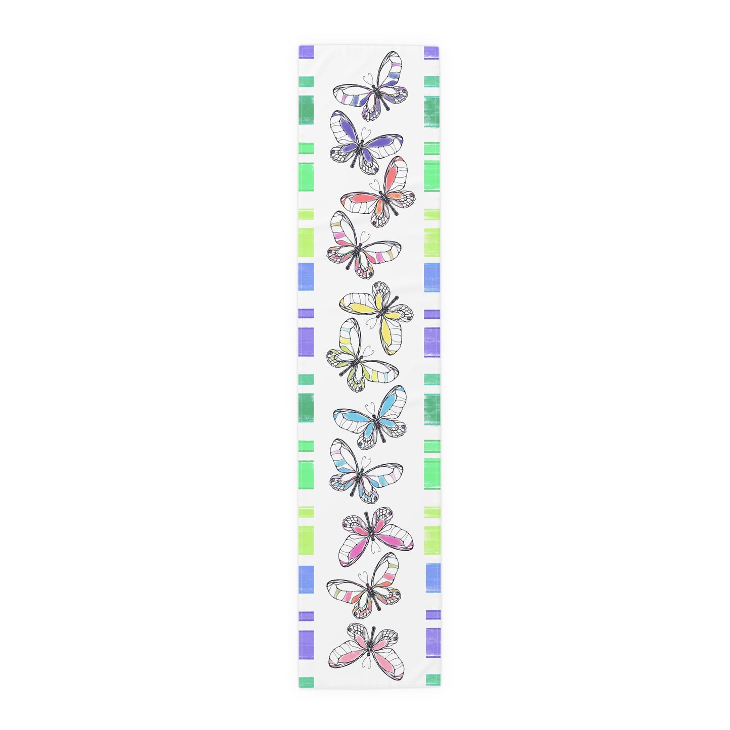 Butterfly Flutterstripe Table Runner in Multi-color With Blue/Green Border 1 size ( 16" Γ 72") (available in Cotton (Creamier) & Polyester (Whiter)
