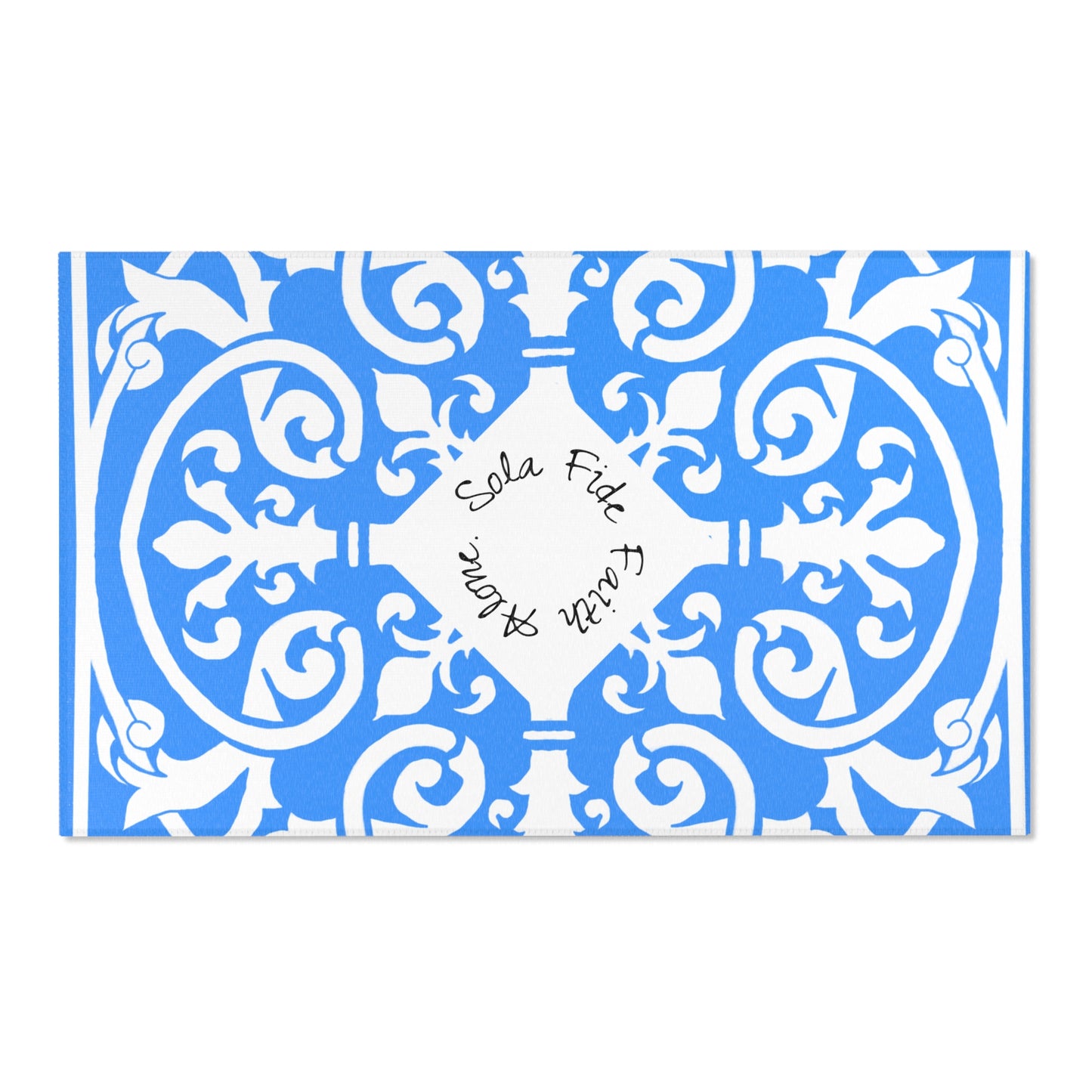 Scrollwork Indoor/Outdoor Rug Blue "Sola Fide..."