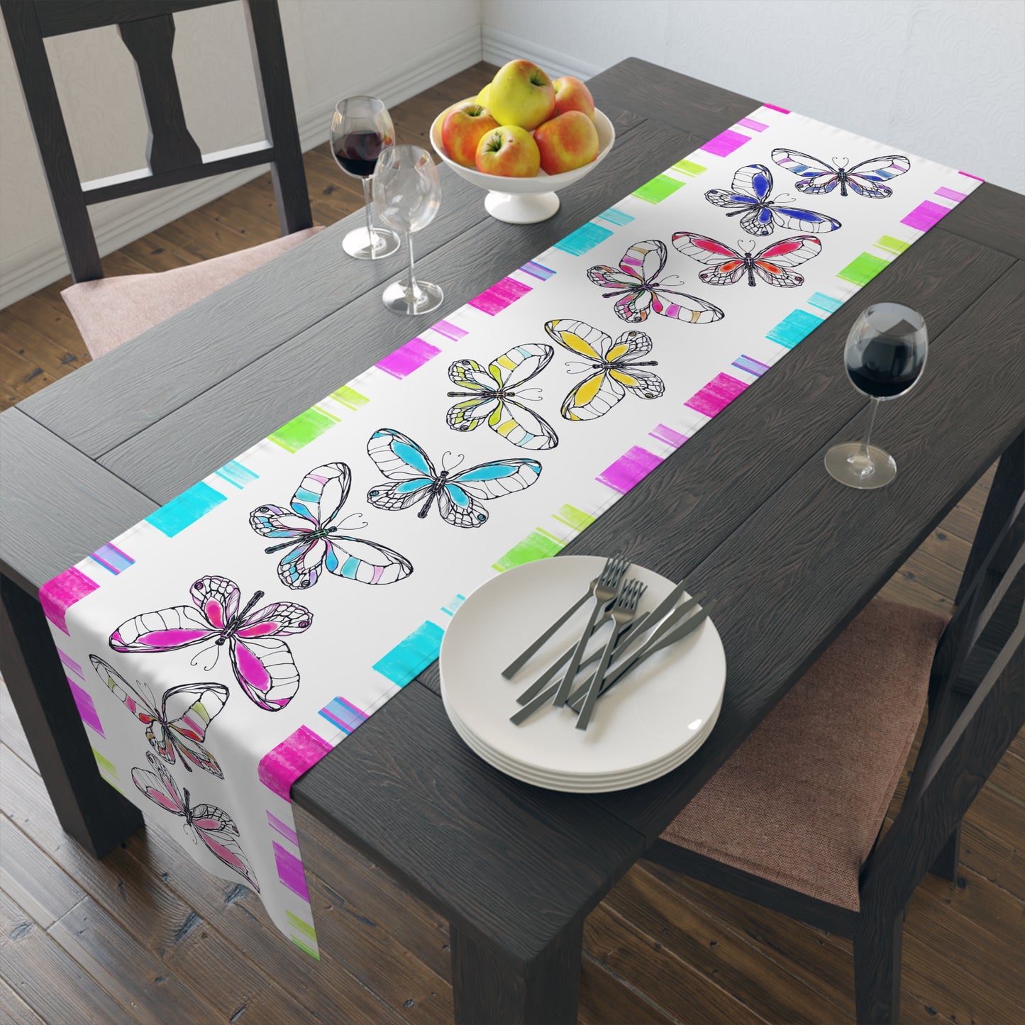 Butterfly Flutterstripe Table Runner in Multi-color With Pink, Blue, Green Border 1 size ( 16" × 72")  (available in Cotton (Creamier) & Polyester (Whiter)