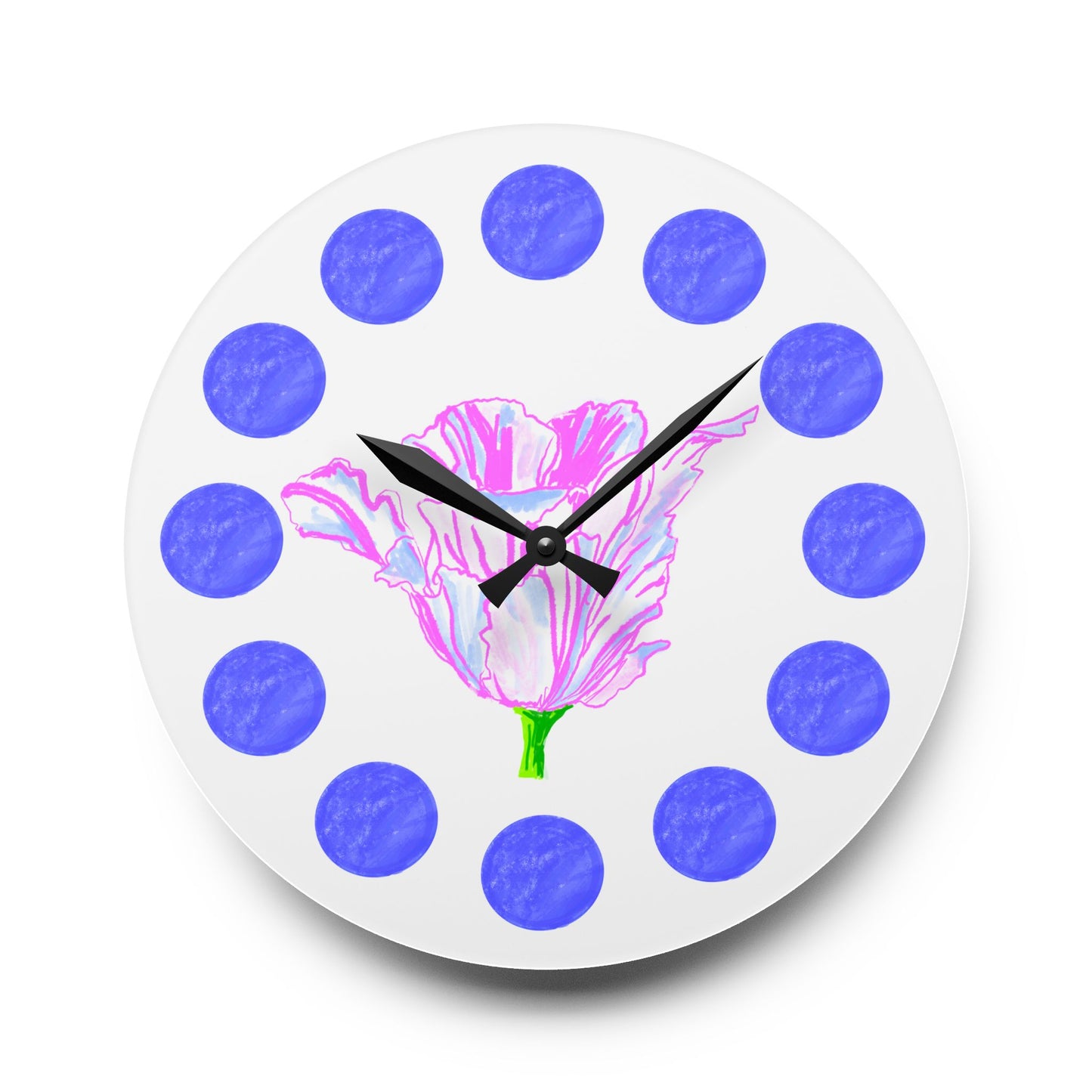 Tulip Love Acrylic Wall Clock, Blue dots Pink Tulip