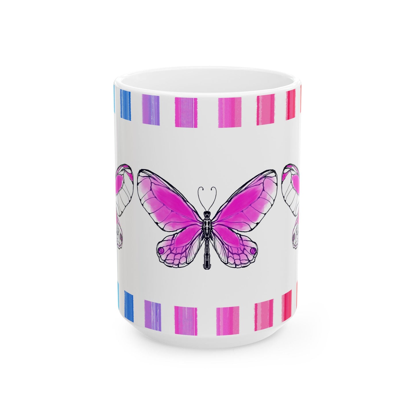 Butterfly Rainbow Stripe Ceramic Mug in Raspberry Pink with Multi-color Striped Border, (Available in 2 sizes 11oz and 15oz)
