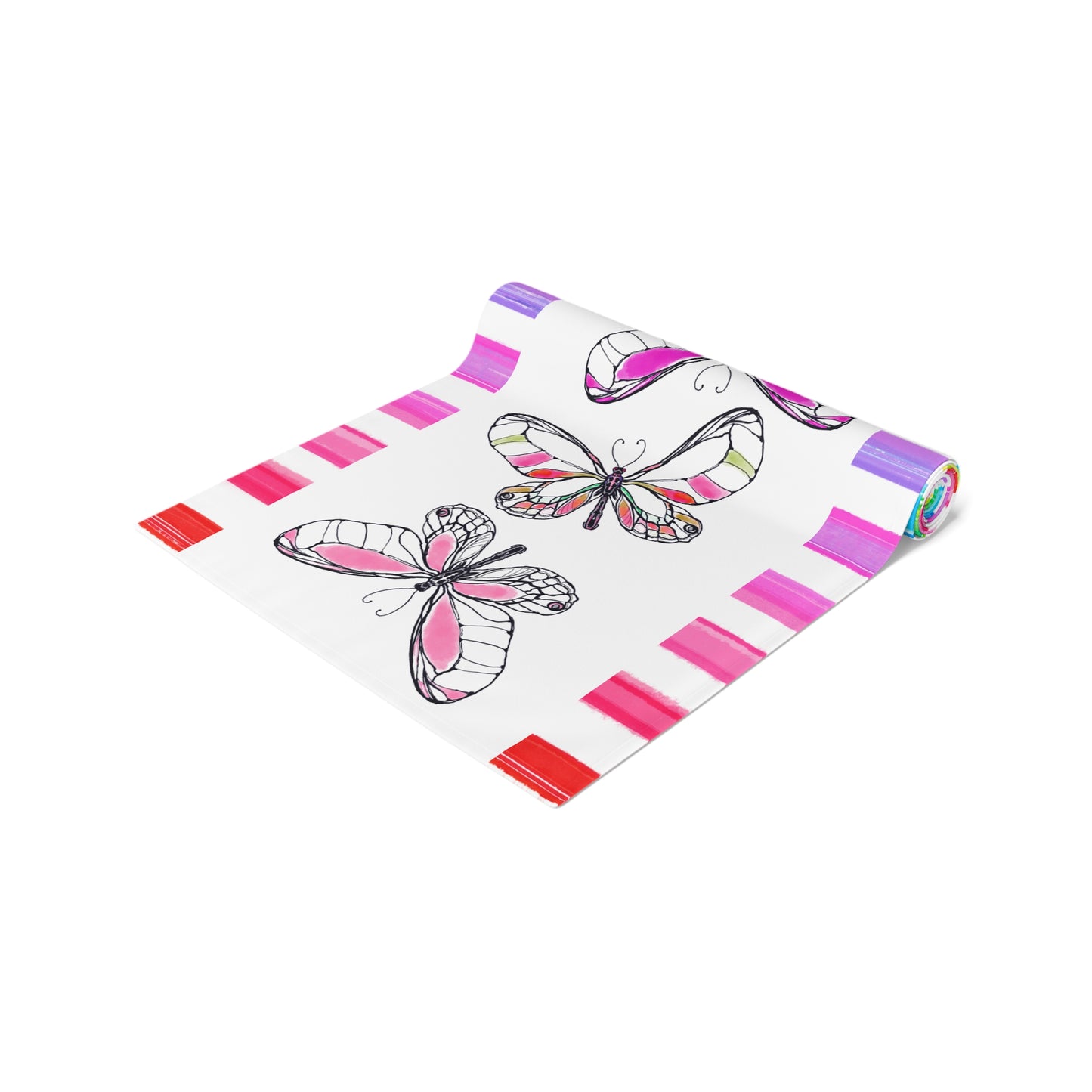 Butterfly Flutterstripe Table Runner in Multi-color with Checked Border 1 size ( 16" Γ 72") available in Cotton "creamier" & Polyester "whiter"