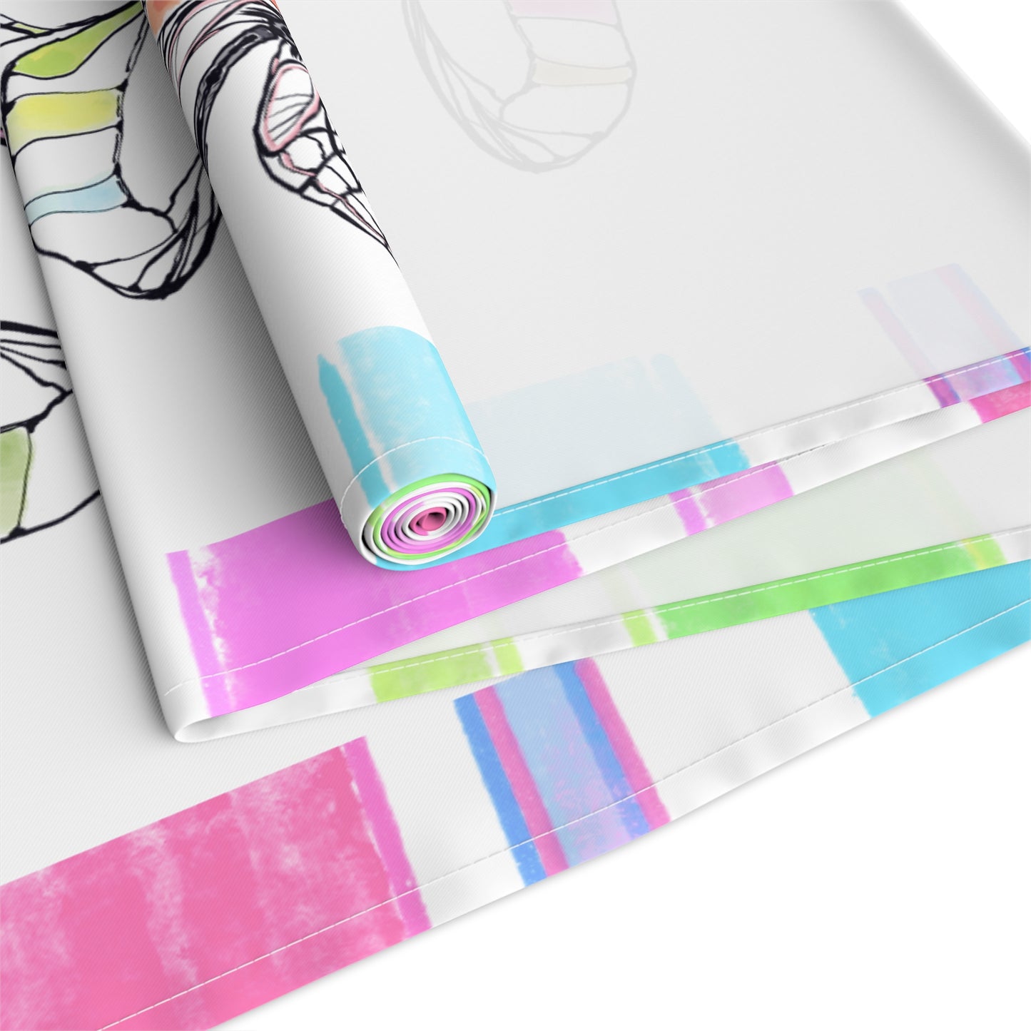 Butterfly Flutterstripe Table Runner in Multi-color With Pink, Blue, Green Border 1 size ( 16" × 72")  (available in Cotton (Creamier) & Polyester (Whiter)