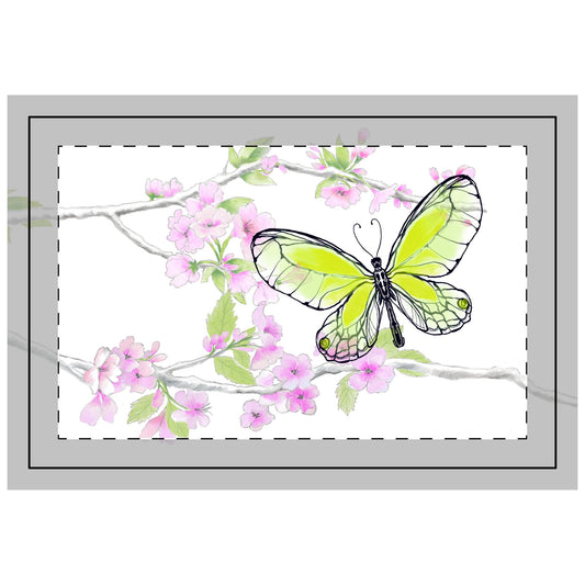 Butterfly Blossom Romp Quilted Placemat Polyester, Yellow green, Fabric Background Bright White #6 far end of table