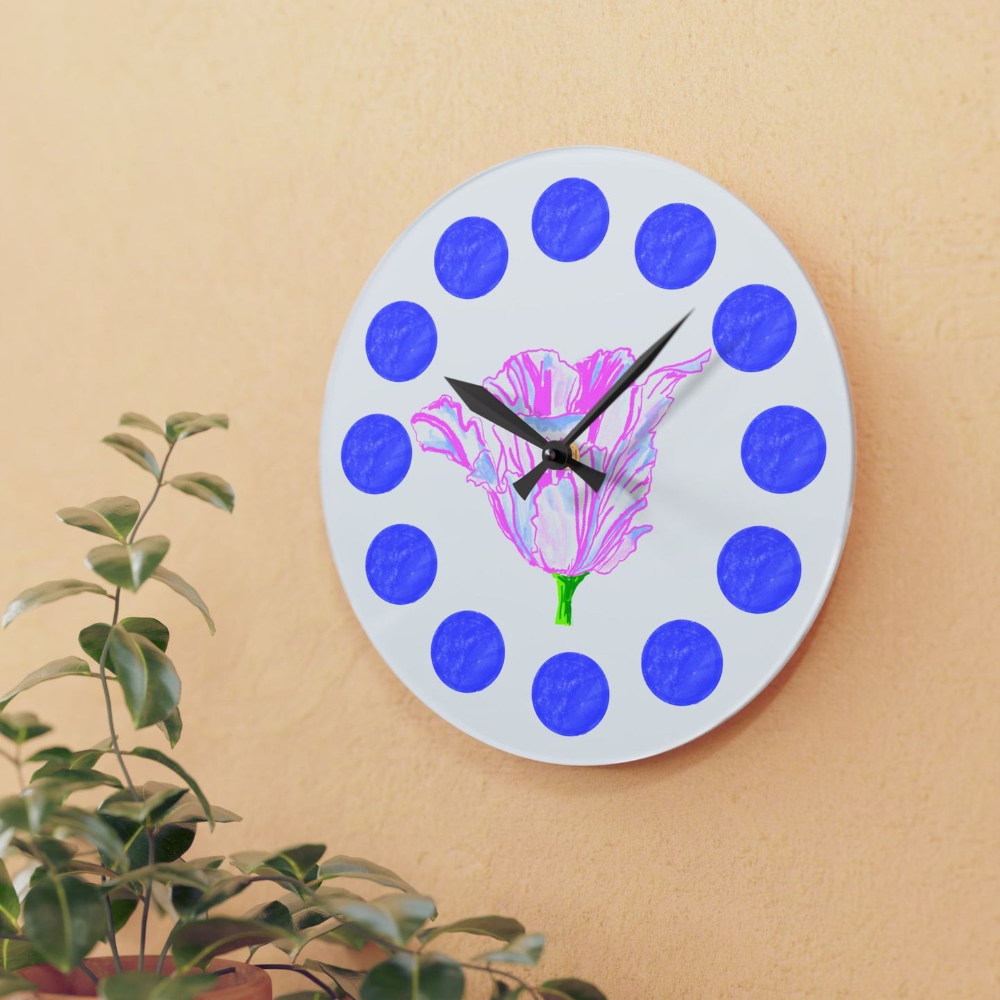 Tulip Love Acrylic Wall Clock, Blue dots Pink Tulip