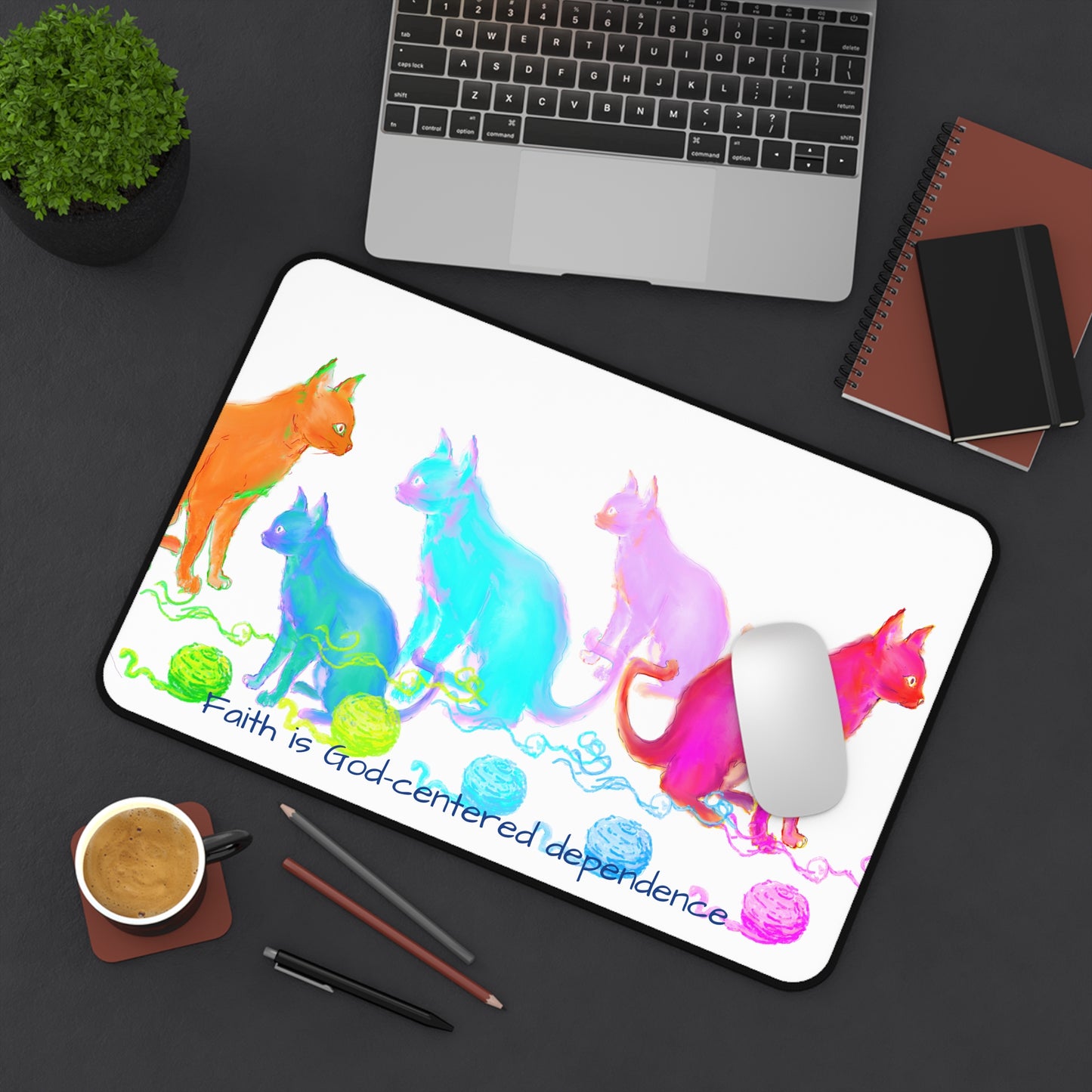Colorful Cats & Dogs Desk Mat Pink, Orange, Aqua, and Purple, "Faith is Christ-centered dependence"