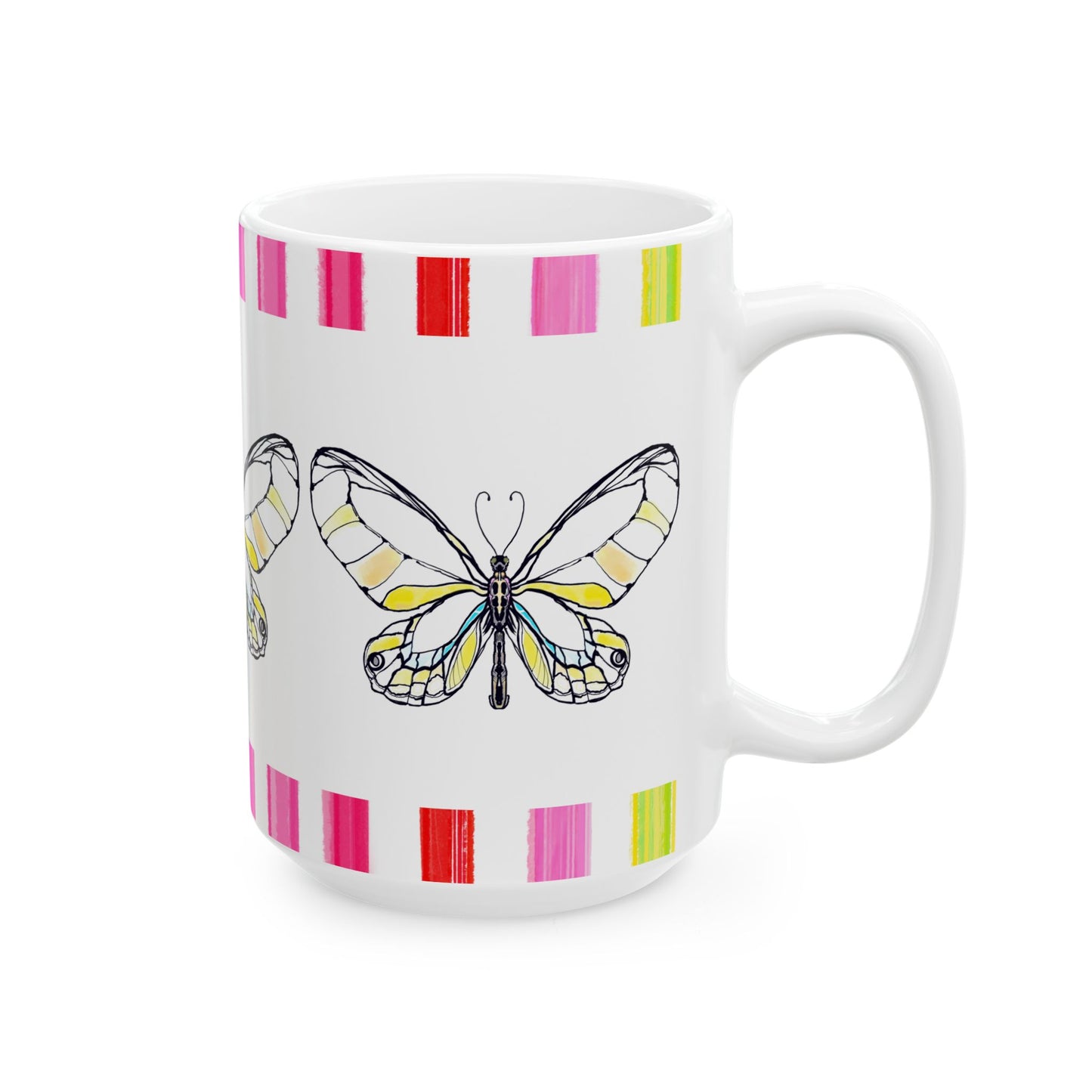 Butterfly Rainbow Stripe Ceramic Mug in Yellow with Multi-color Striped Border, (Available in 2 sizes 11oz and 15oz)