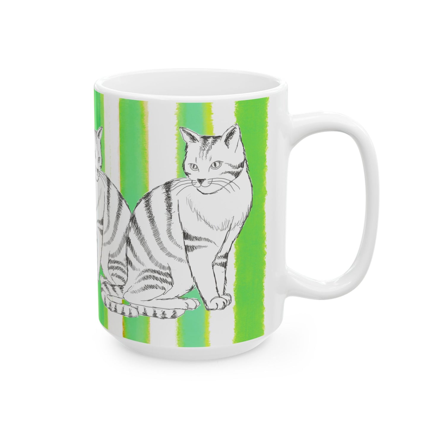 Kitty Fun Mug with Dark Green Stripes