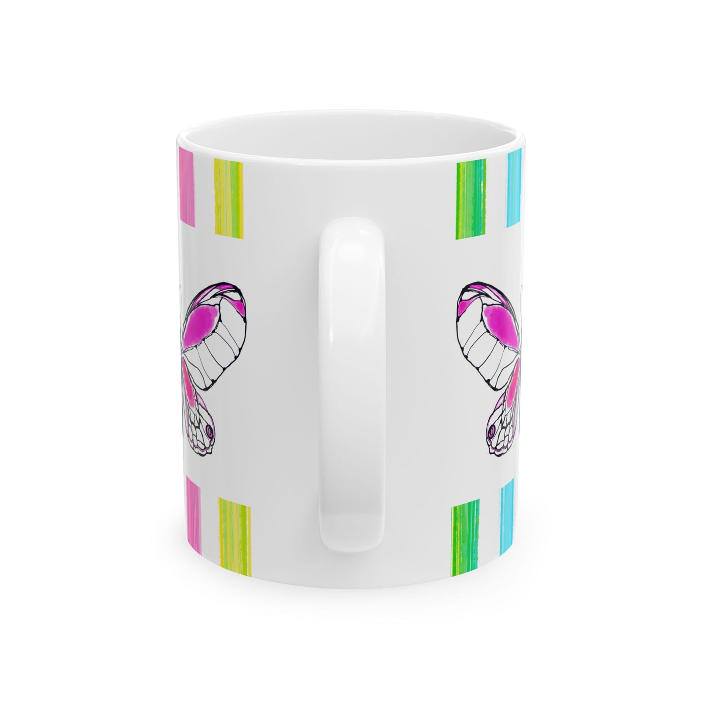 Butterfly Rainbow Stripe Ceramic Mug in Raspberry Pink with Multi-color Striped Border, (Available in 2 sizes 11oz and 15oz)