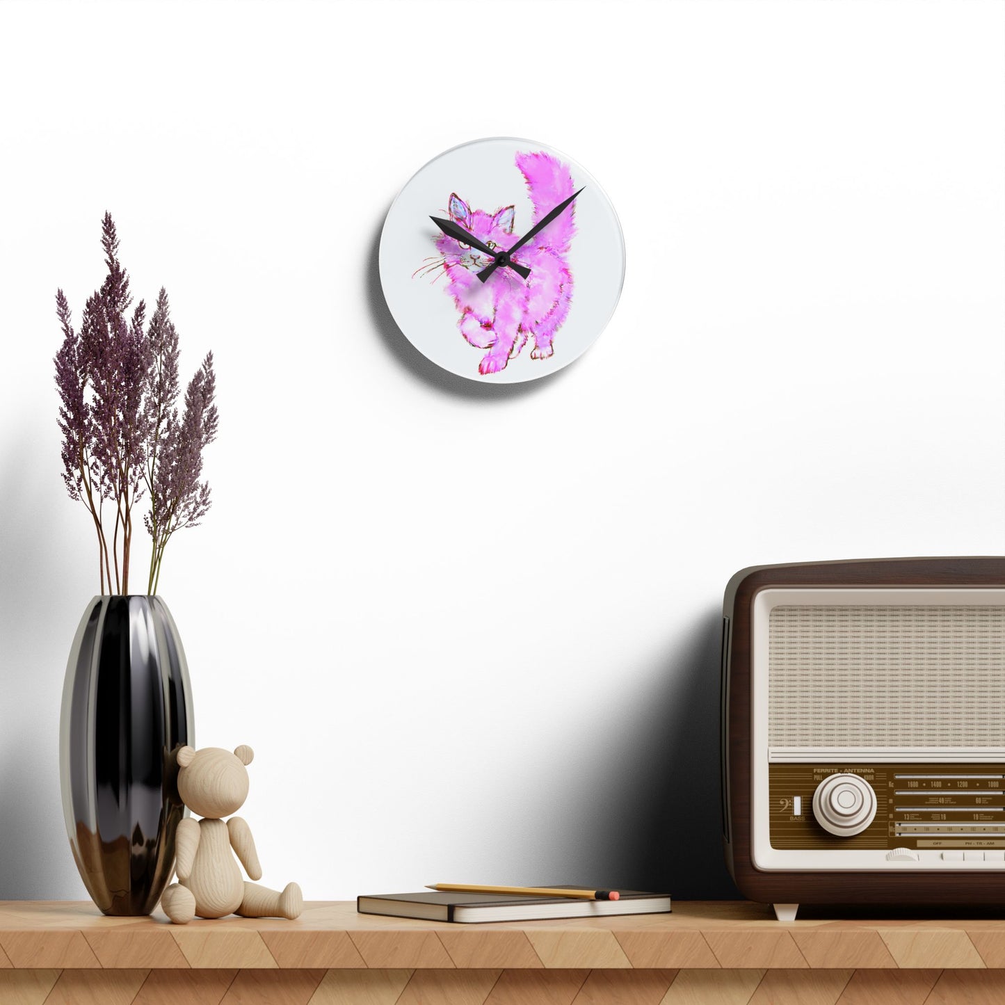 Colorful Cats & Dogs Wall Clock in Pink