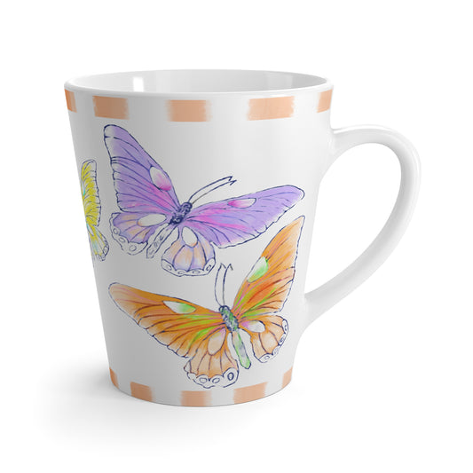 Butterfly Swing Latte Mug  Aqua, Lilac, Pink, Orange , yellow Butterflies, Orange Stripe
