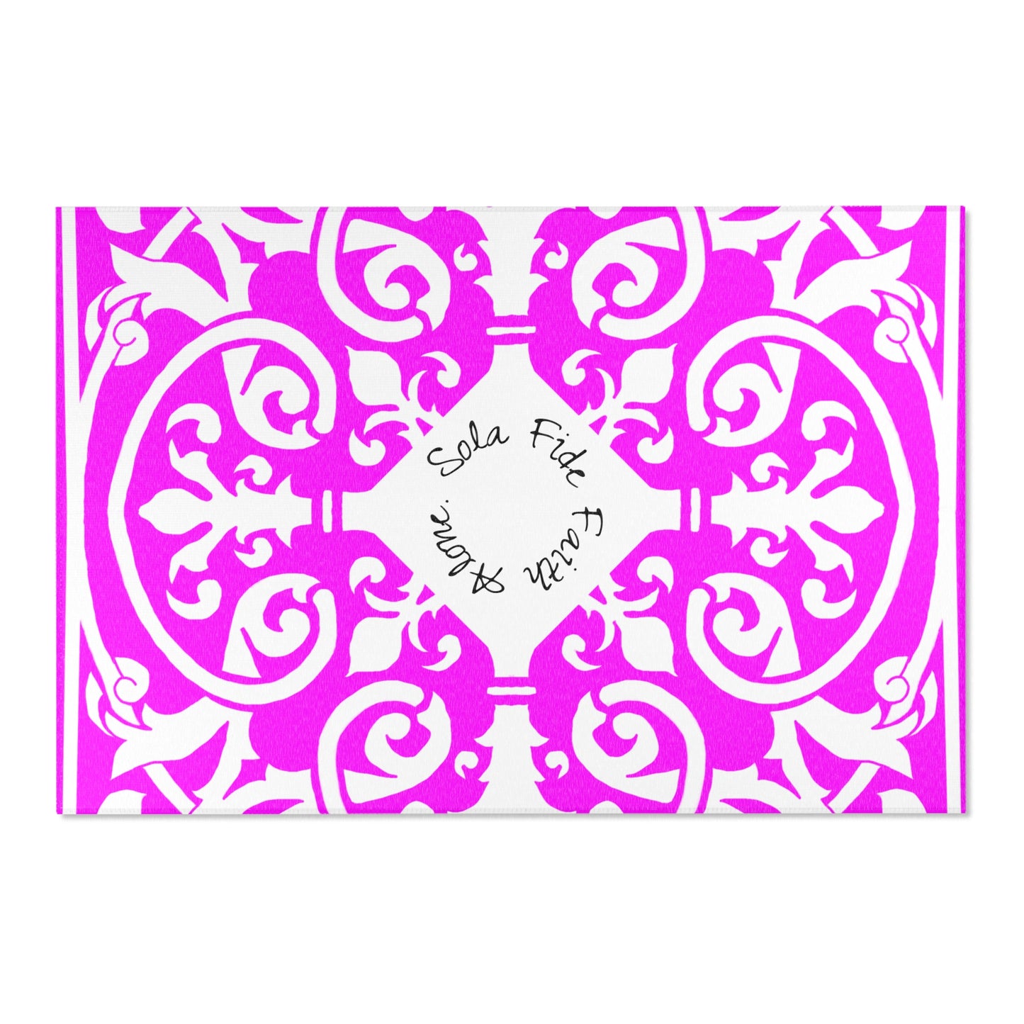 Scrollwork Indoor/Outdoor Rug Raspberry "Sola Fide..."