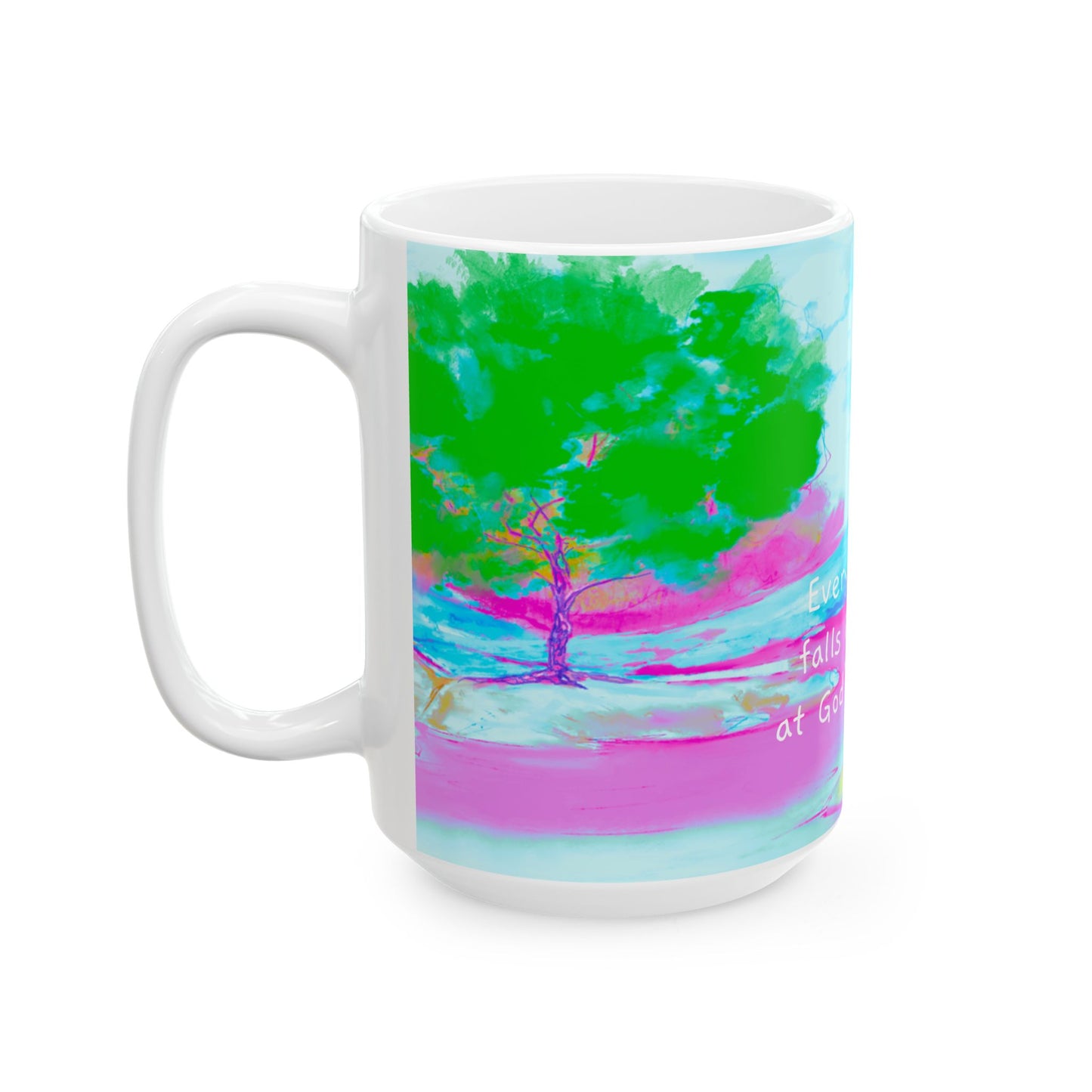 Inspirational Landscapes Ceramic Mug in Green, Blue and Pink , "Every raindrop falls into a life at God's command" 11oz