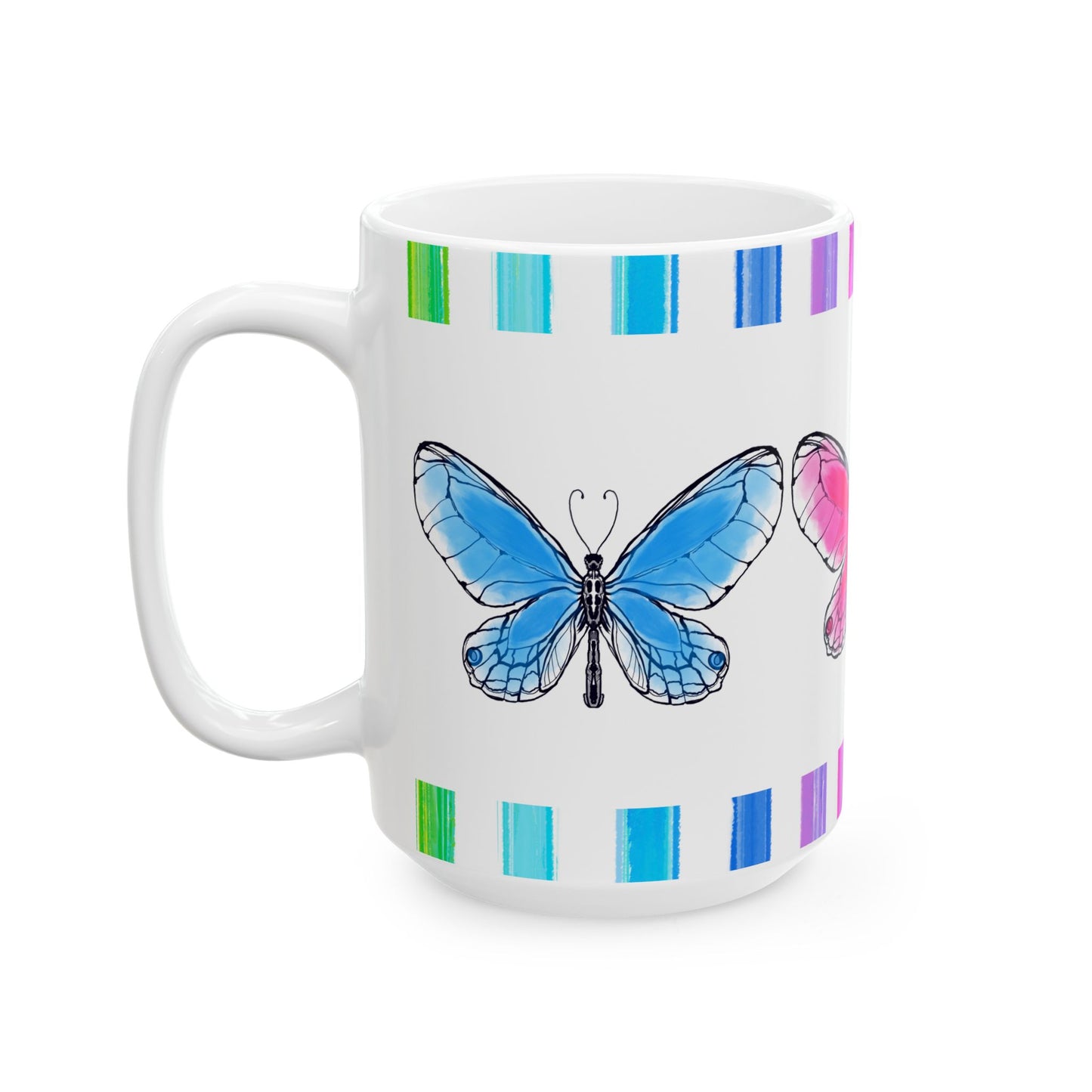 Butterfly Rainbow Stripe Ceramic Mug in Blue, Pink, and Green with Multi-color Striped Border, (Available in 2 sizes 11oz and 15oz)