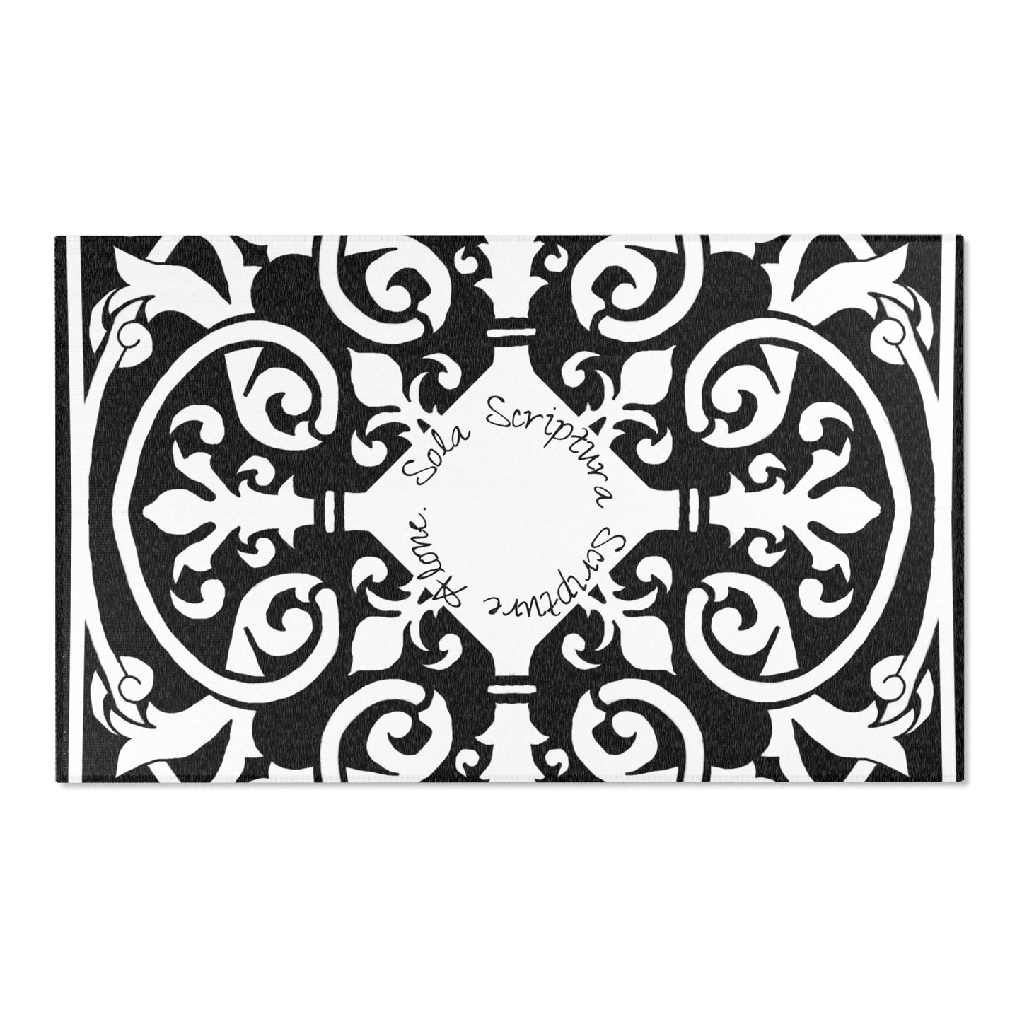 Scrollwork Indoor/Outdoor Rug Black "Sola Scriptura..."