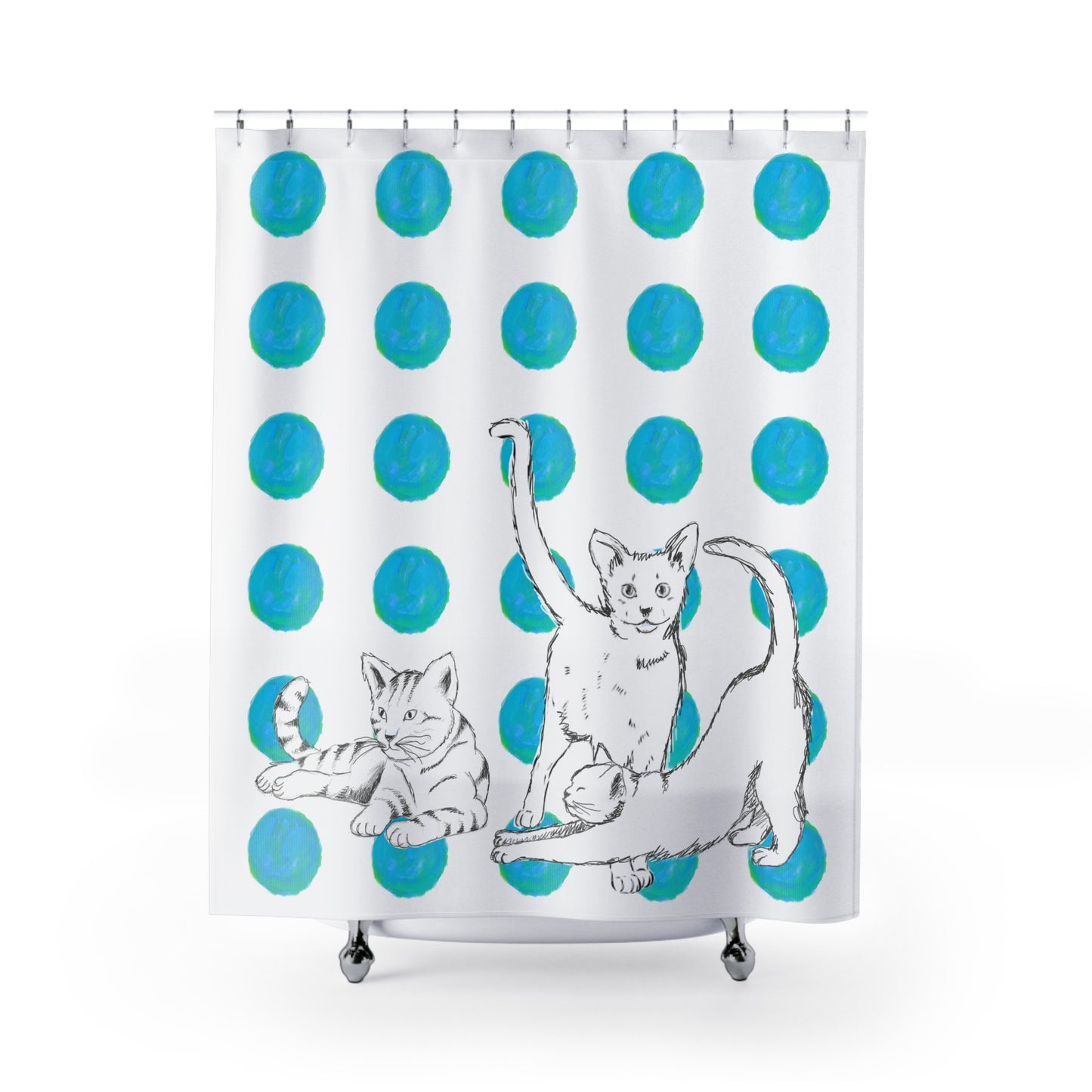 Kitty Fun Shower Curtains Aqua Polka Dots