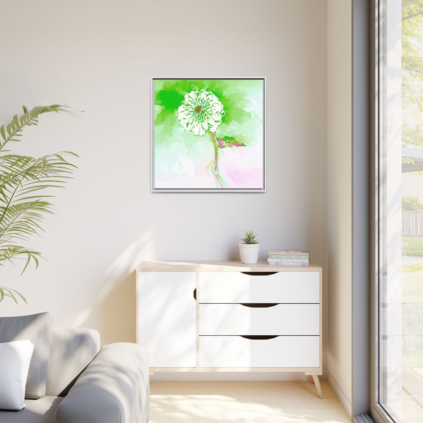 Zinnia Color Splash Matte Canvas Grass Green Framed