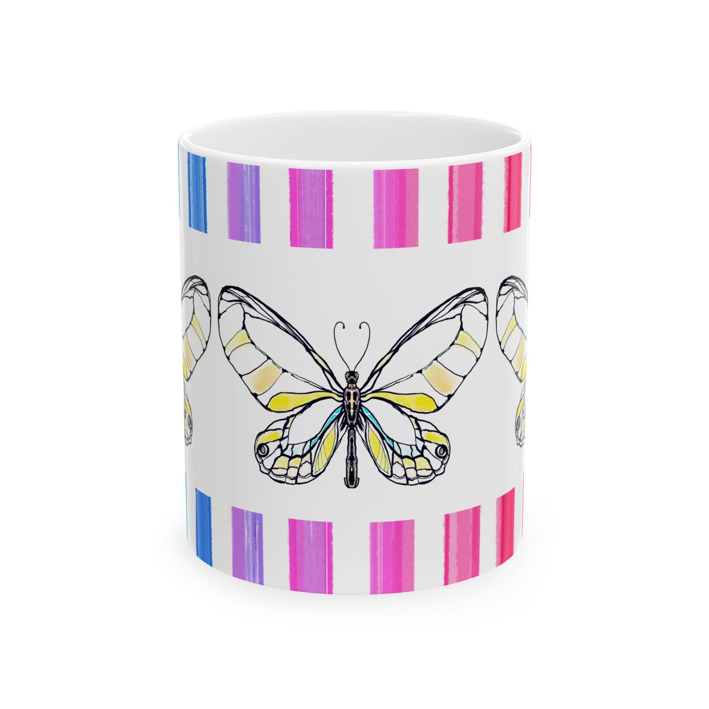 Butterfly Rainbow Stripe Ceramic Mug in Yellow with Multi-color Striped Border, (Available in 2 sizes 11oz and 15oz)