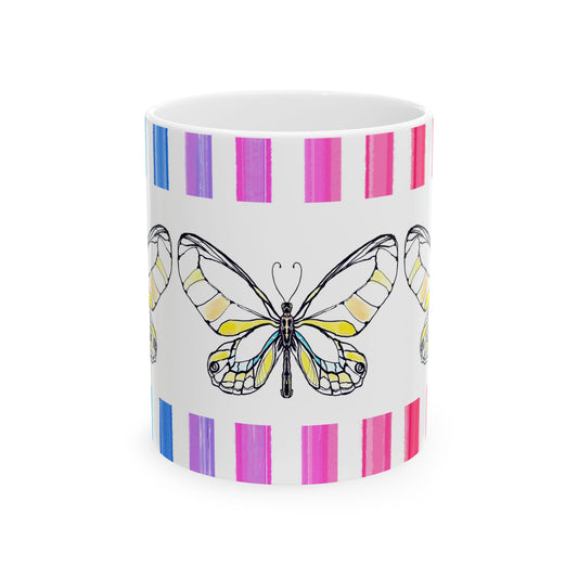 Butterfly Rainbow Stripe Ceramic Mug in Yellow with Multi-color Striped Border, (Available in 2 sizes 11oz and 15oz)