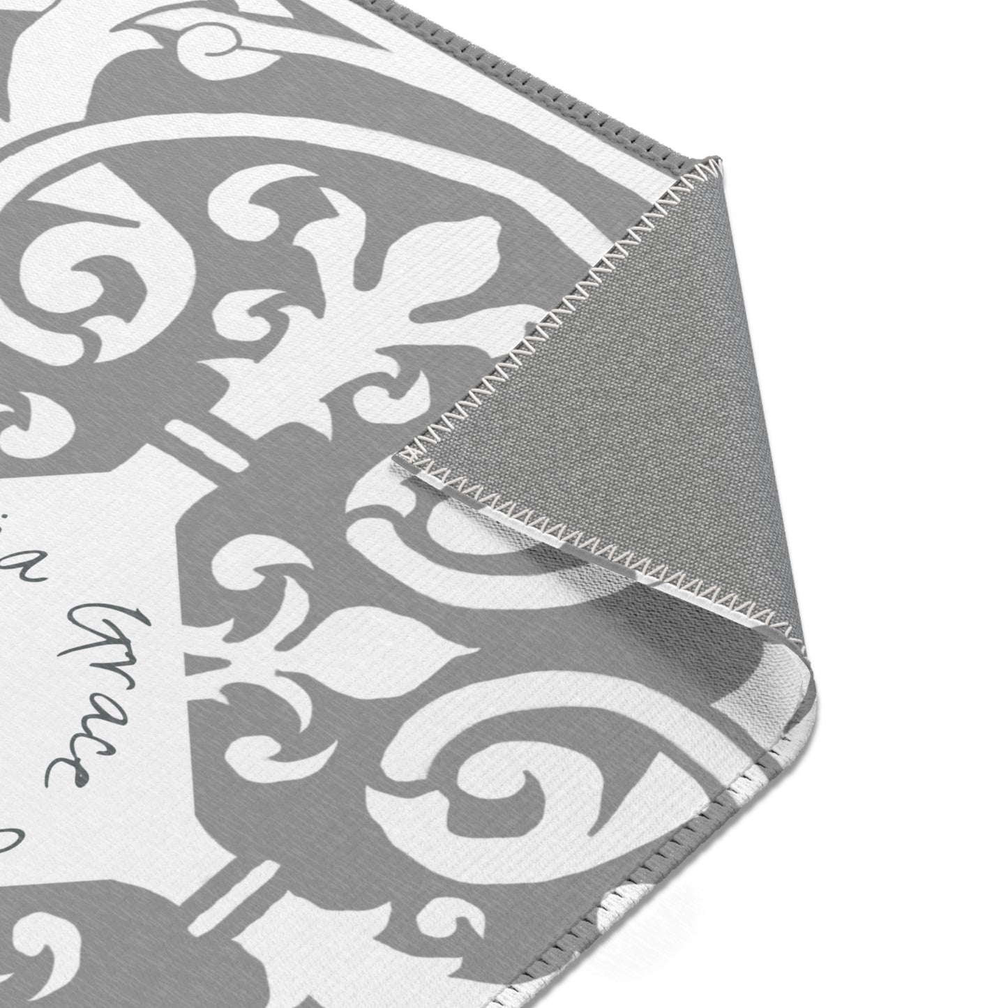 Scrollwork Indoor/Outdoor Rug Gray "Sola Gratia..."