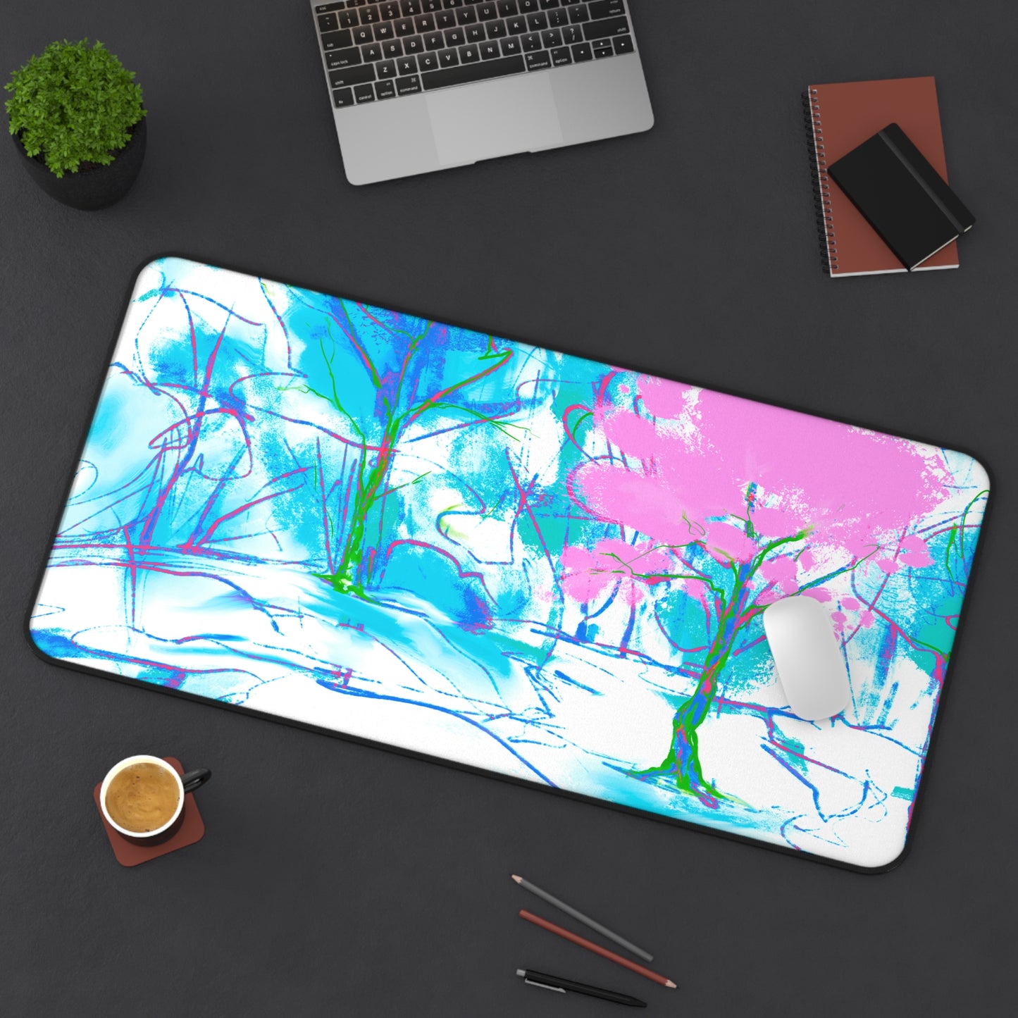 Joyful Landscapes Desk Mat, Pink, Green, and Periwinkle