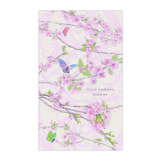 Cherry Blossom & Butterflies Tea Towels (cotton, poly) God's kindness endures.