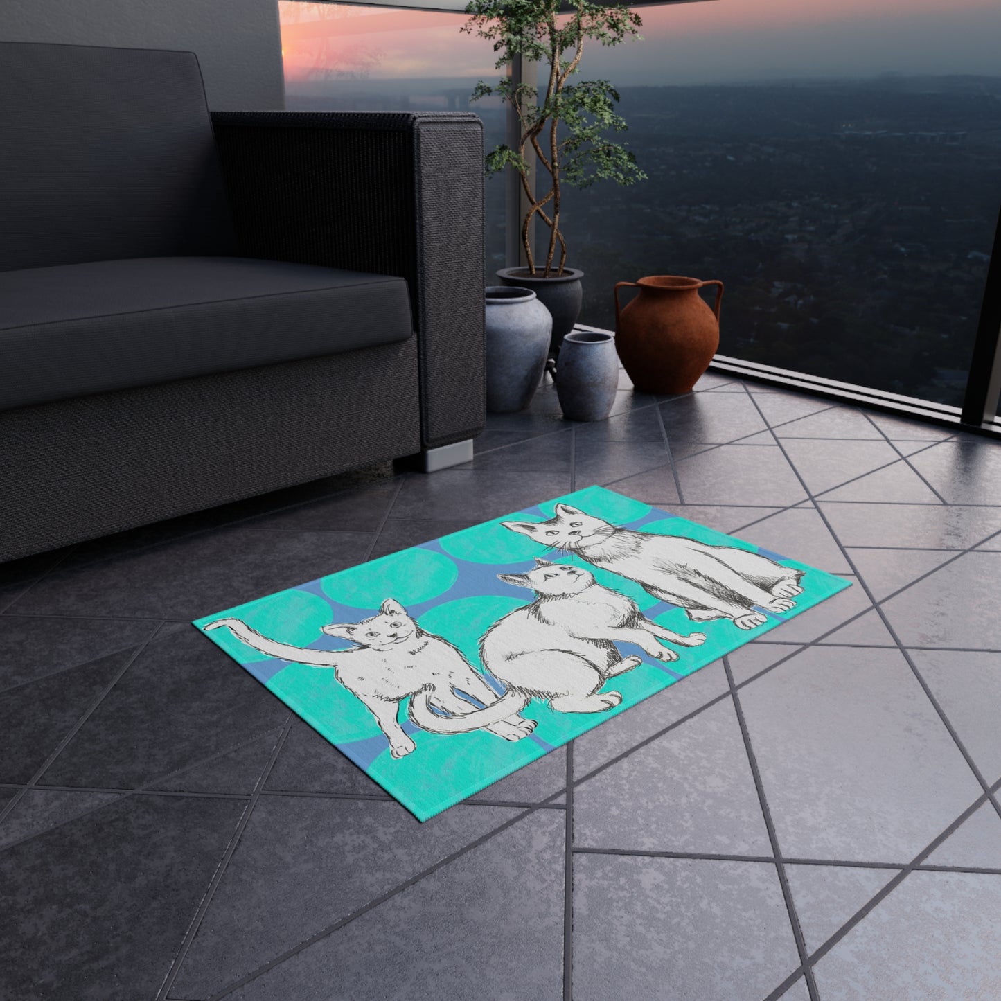 Kitty Fun Indoor/Outdoor Rug Aqua/blue