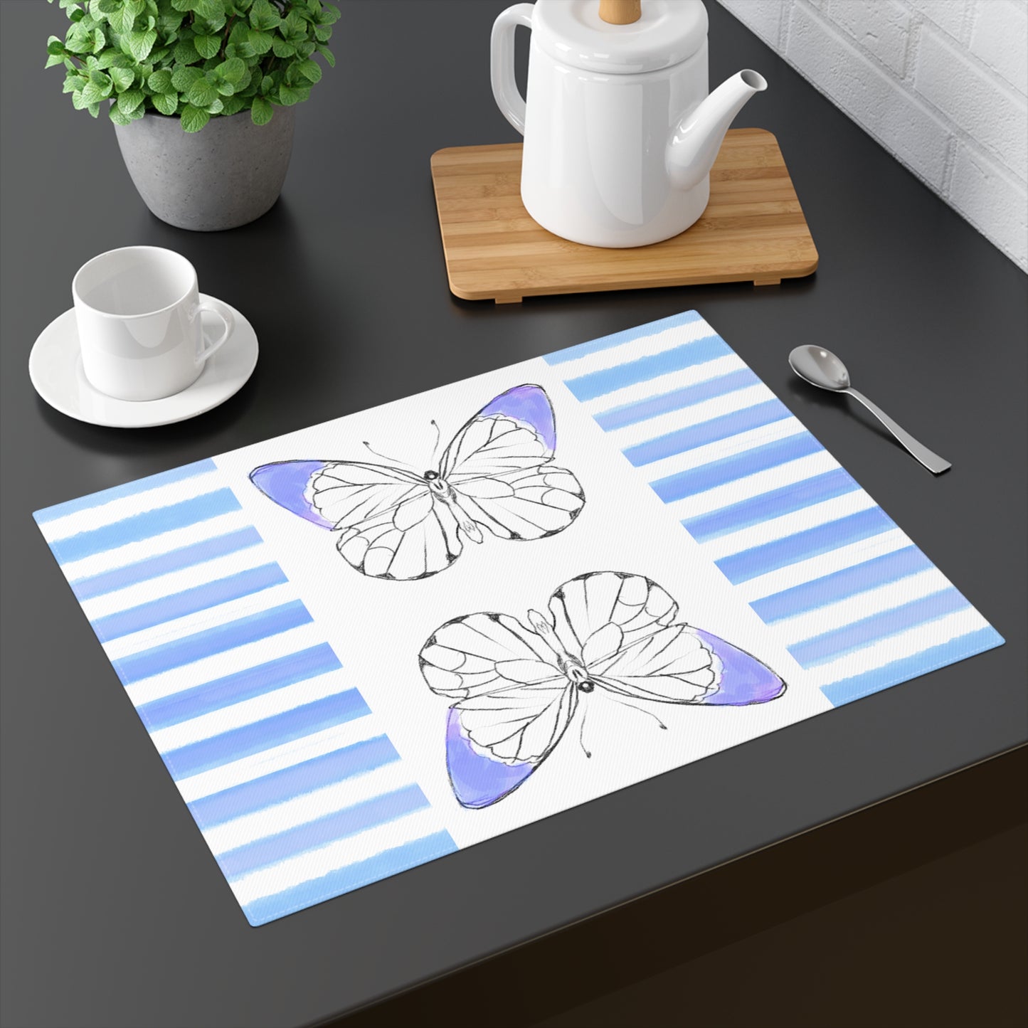 Butterfly Chroma Stripes Placemat, Cotton 1pc, Periwinkle Blue (Background Fabric Creamy White)