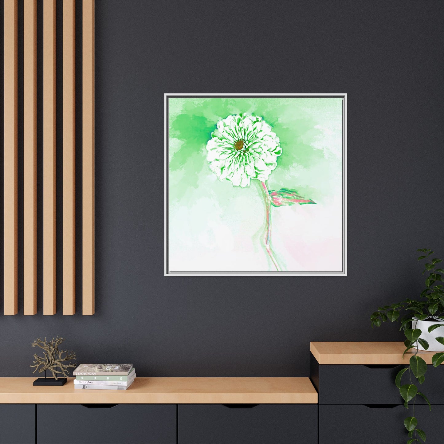 Zinnia Color Splash Matte Canvas Soft Green Framed