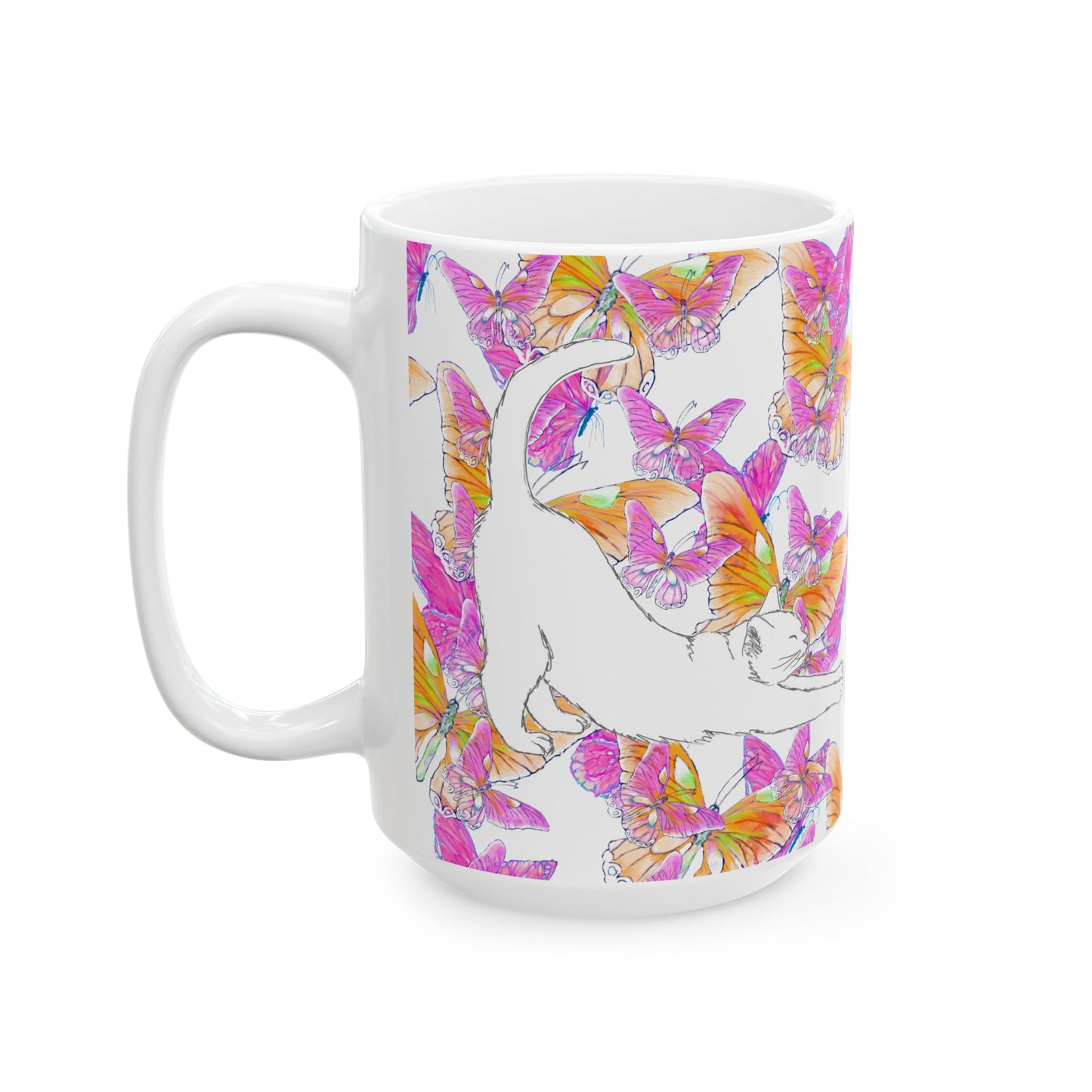 Kitty Flutter Ceramic Mug, Pink/Orange, (11oz, 15oz)