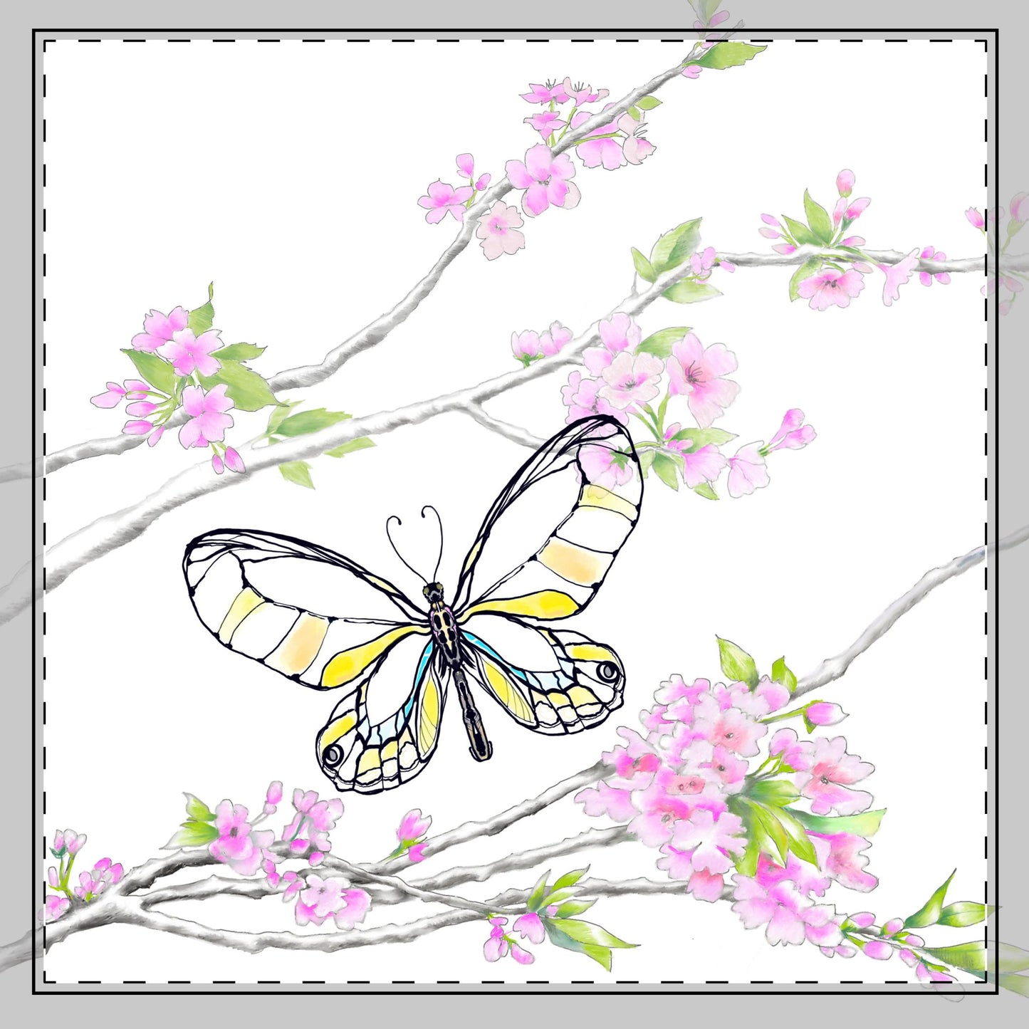 Butterfly Blossom Romp Cotton Twill Napkin , Yellow, Fabric Background Creamy White, #9
