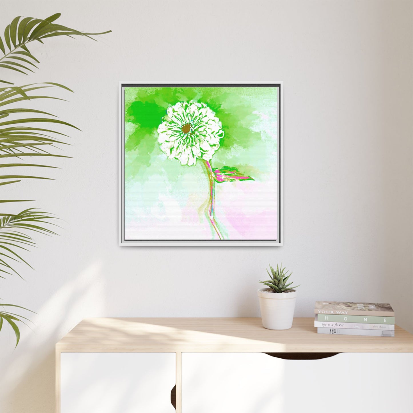 Zinnia Color Splash Matte Canvas Grass Green Framed