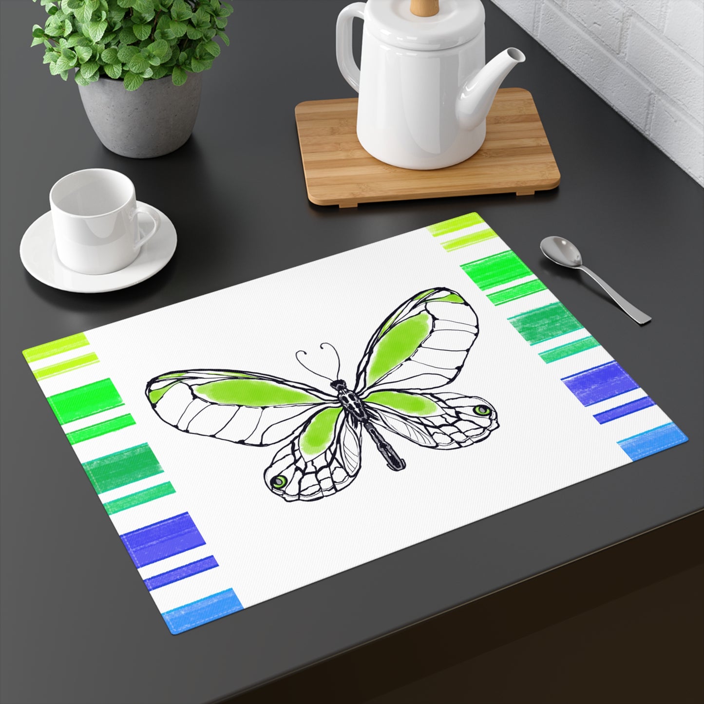 Butterfly Flutterstripe with Multi-color Stripe Border, Cotton Placemat, Yellow/Green, Fabric Background Creamy White