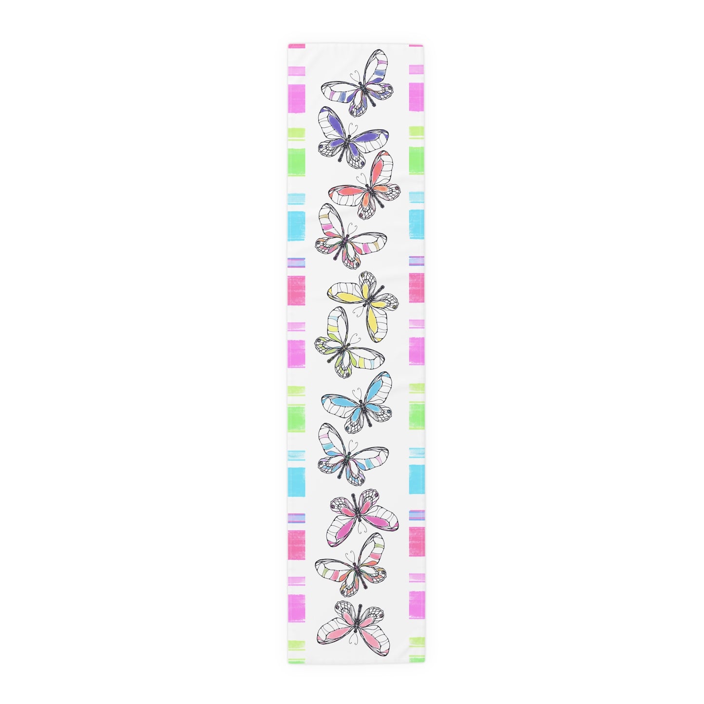 Butterfly Flutterstripe Table Runner in Multi-color With Pink, Blue, Green Border 1 size ( 16" × 72")  (available in Cotton (Creamier) & Polyester (Whiter)