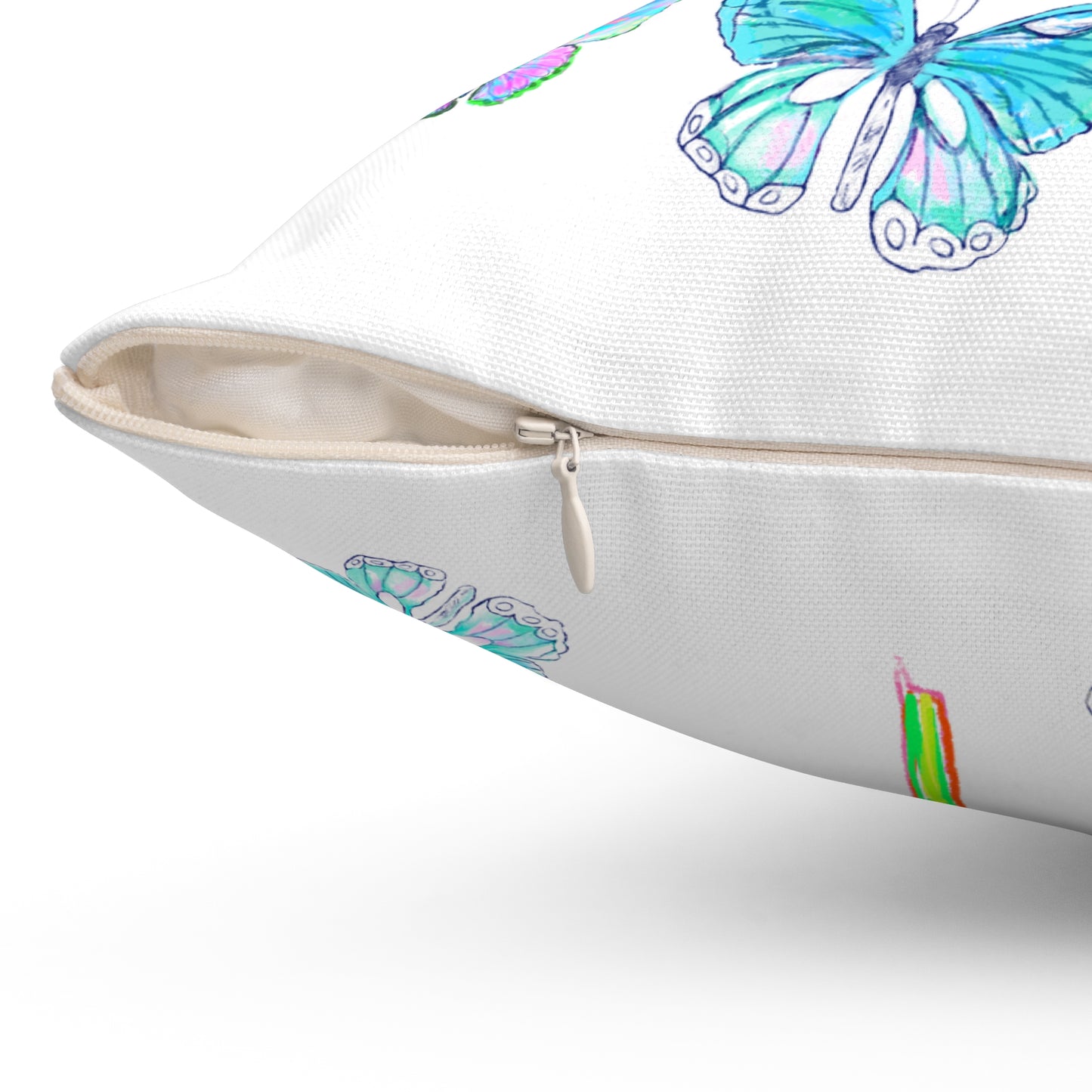 Dancing Tulips Butterflies Spun Polyester Square Pillow. Multi-Color Butterflies, Aqua Tulip