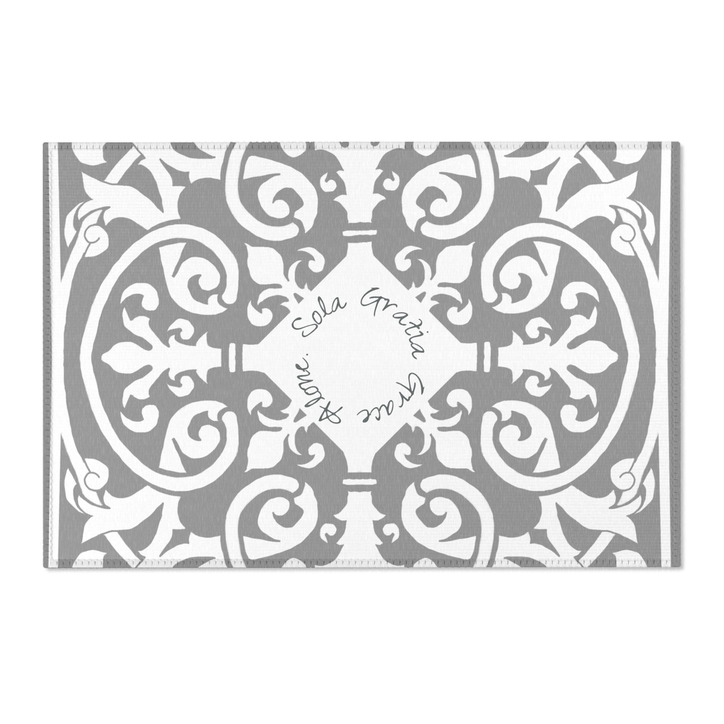 Scrollwork Indoor/Outdoor Rug Gray "Sola Gratia..."