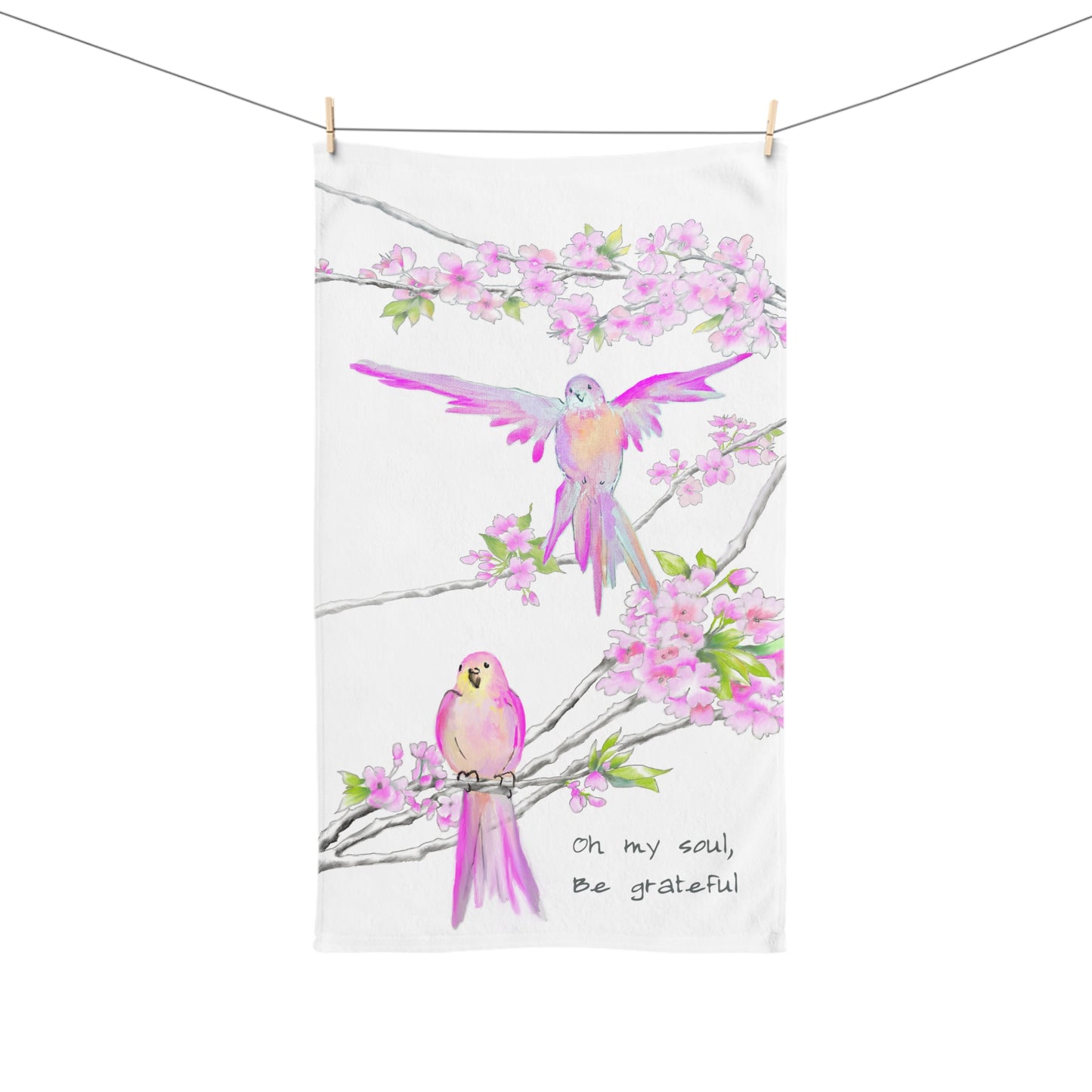 Cherry Chirp Hand Towel Oh my soul Be grateful